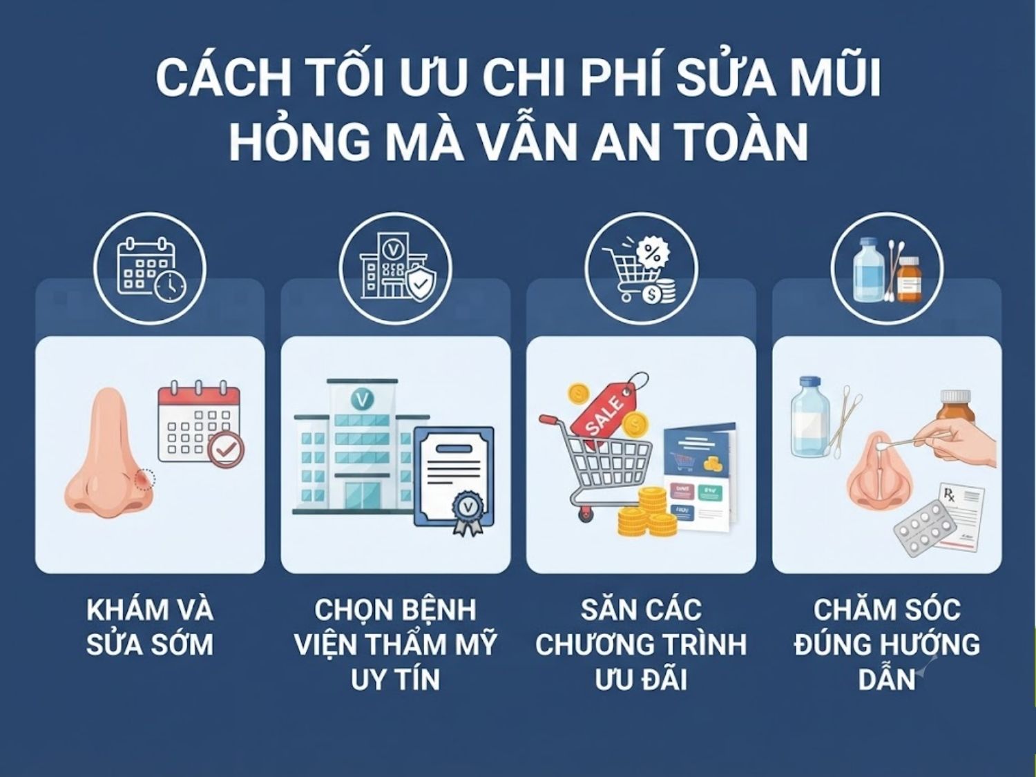 thăm khám sớm, ưu tiên lựa chọn bệnh viện uy tín, chủ động tìm kiếm các chương trình ưu đãi và tuân thủ đúng quy trình chăm sóc hậu phẫu là cách tối ưu chi phí sửa mũi