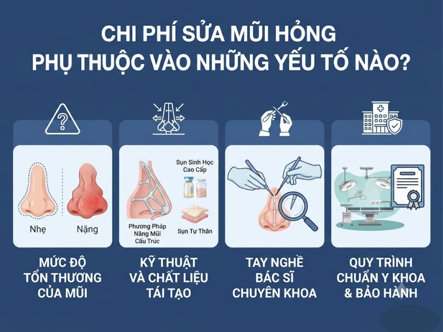 độ biến dạng của mũi, phương pháp kỹ thuật xử lý, loại sụn thay thế và tay nghề của bác sĩ thực hiện là các yếu tố ảnh hưởng đến chi phí sửa mũi