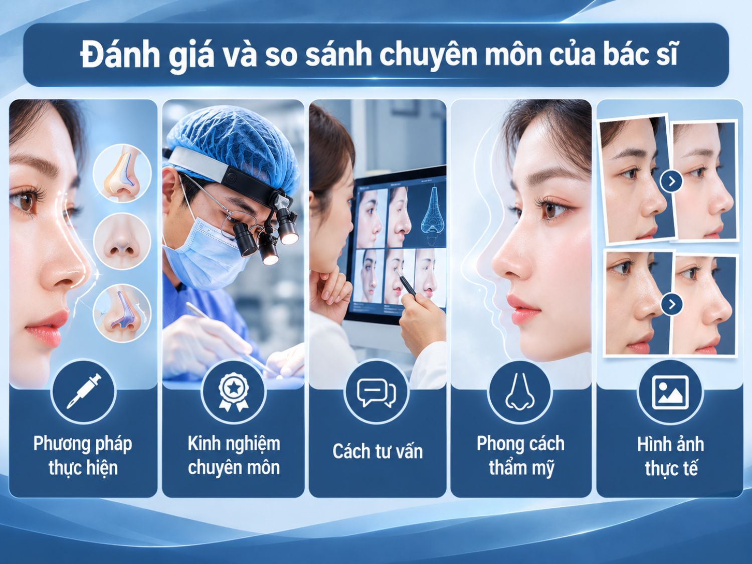 Khi tư vấn nâng mũi, có thể so sánh phương pháp thực hiện, kinh nghiệm chuyên môn, cách tư vấn, phong cách thẩm mỹ và hình ảnh kết quả thực tế.