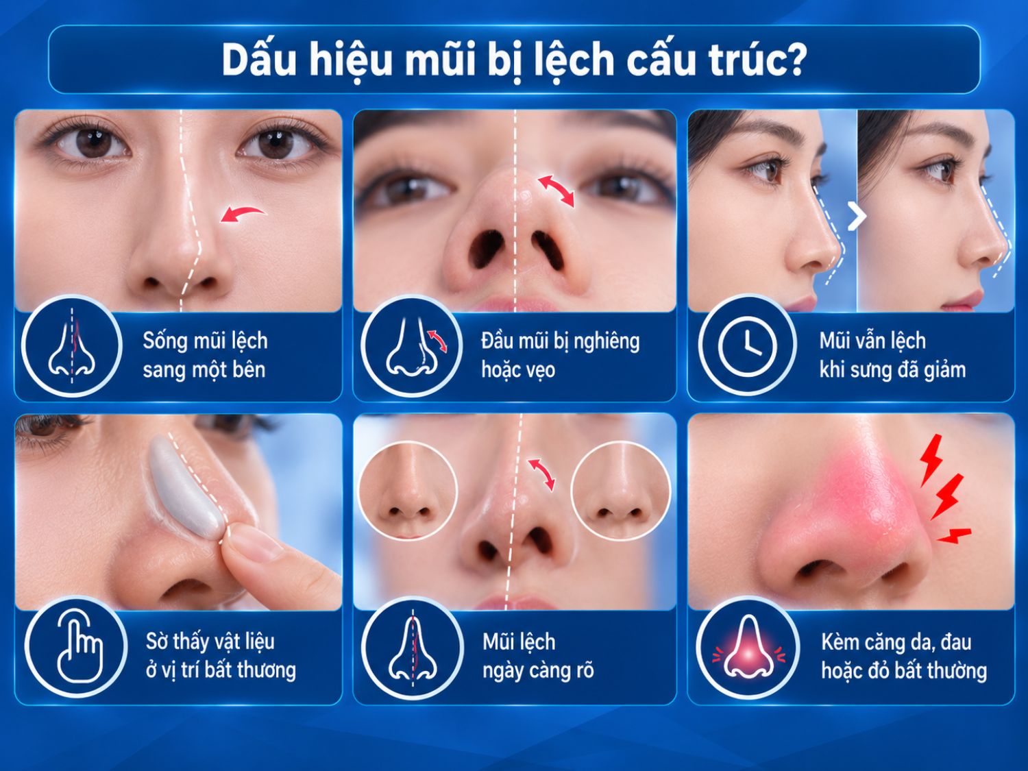 Mũi lệch cấu trúc có thể biểu hiện qua sống mũi lệch, đầu mũi nghiêng, tình trạng lệch không giảm sau khi hết sưng hoặc kèm đau, căng đỏ bất thường.
