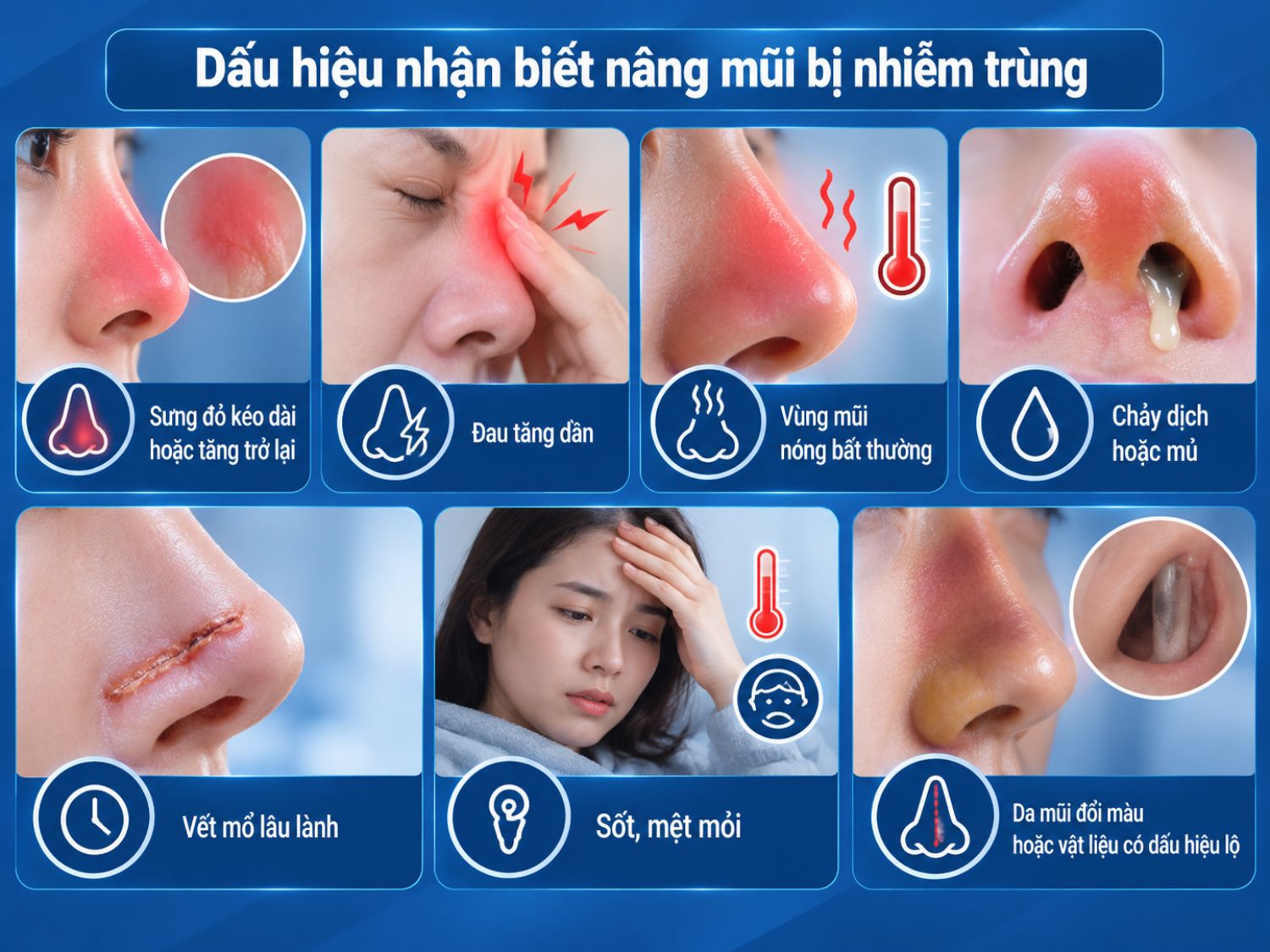 Các dấu hiệu cảnh báo nhiễm trùng sau nâng mũi có thể gồm sưng đỏ kéo dài, đau tăng, vùng mũi nóng, chảy dịch hoặc mủ, vết mổ lâu lành, sốt hoặc vật liệu có dấu hiệu lộ.