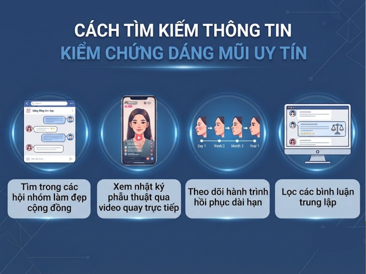 tham gia hội nhóm làm đẹp cộng đồng, xem video phẫu thuật trực tiếp, theo dõi hành trình hồi phục dài hạn và lọc kỹ các bình luận trung lập để tìm kiếm thông tin thật