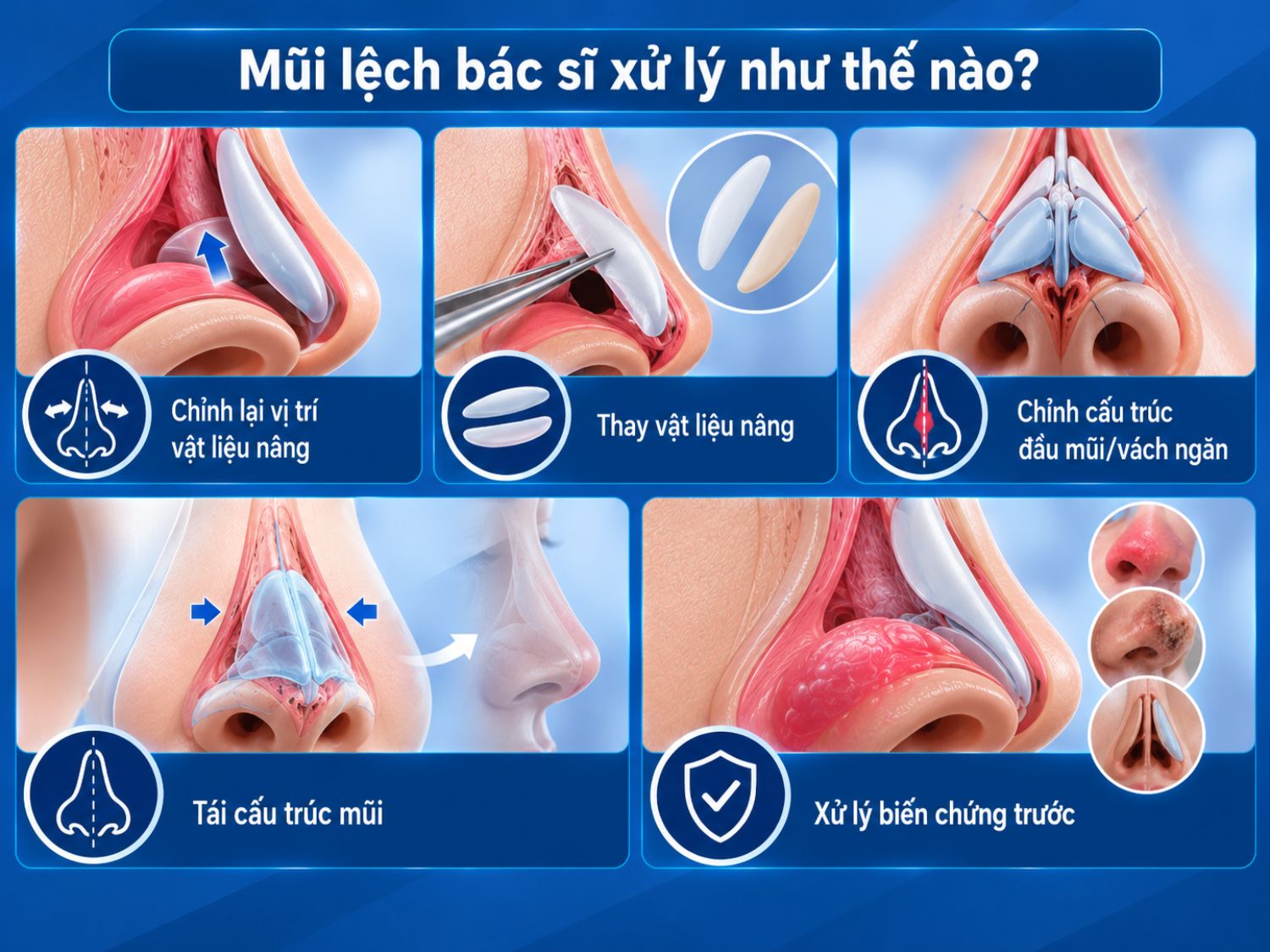 Tùy nguyên nhân và mức độ lệch, bác sĩ có thể chỉnh hoặc thay vật liệu nâng, chỉnh đầu mũi – vách ngăn, tái cấu trúc và xử lý biến chứng nếu có.