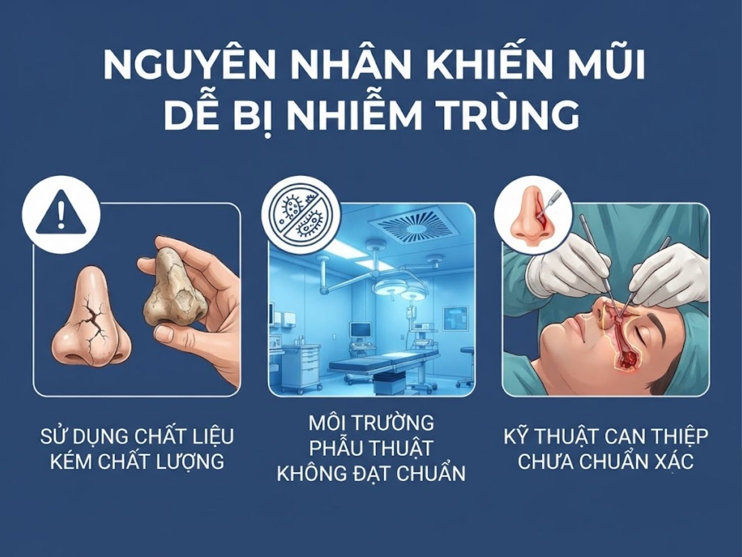phạm nguyên tắc vô khuẩn, kỹ thuật can thiệp chưa phù hợp hoặc chất liệu độn không tương thích là nguyên nhân mũi nhiễm trùng sau nâng mũi