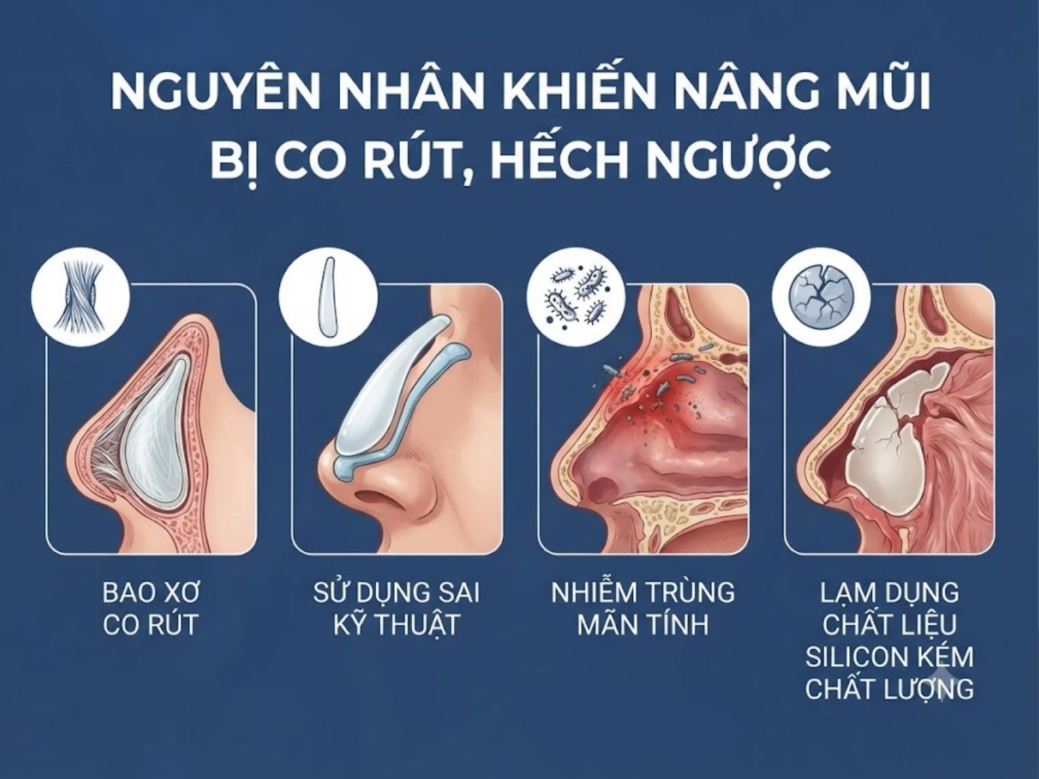 sự hình thành bao xơ co rút, thao tác kỹ thuật chưa chuẩn xác, tình trạng nhiễm trùng mãn tính không được xử lý là nguyên nhân mũi co rút