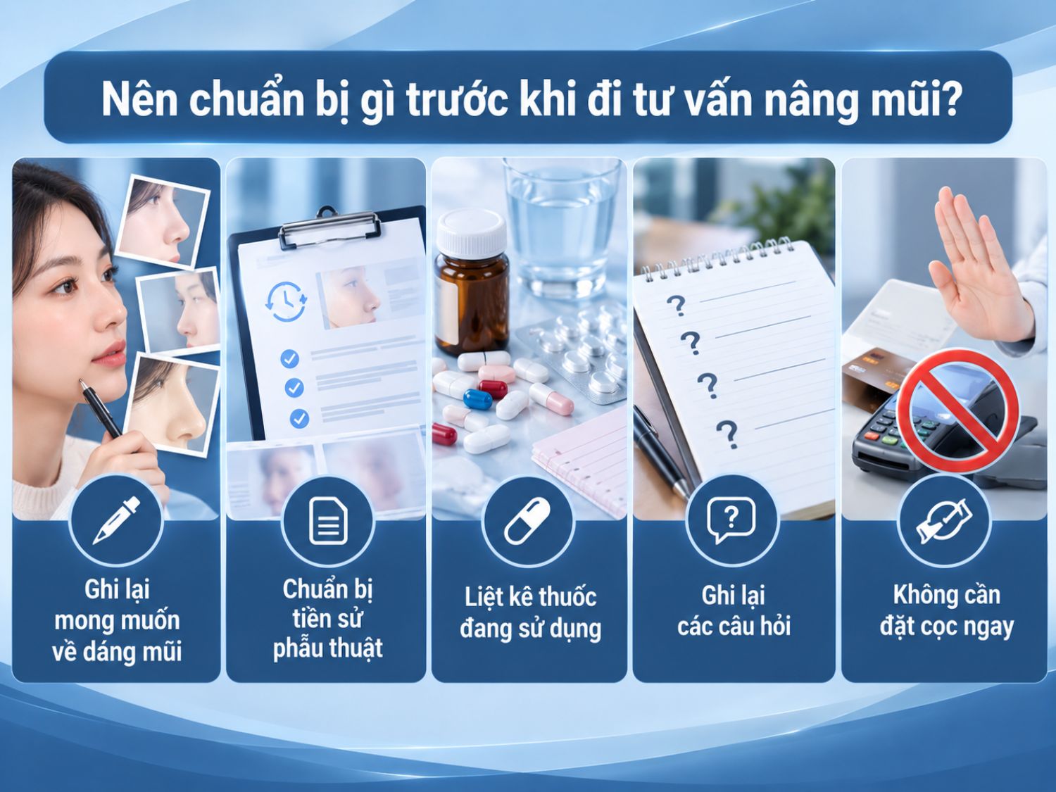 Trước buổi tư vấn nâng mũi, nên xác định mong muốn về dáng mũi, chuẩn bị tiền sử phẫu thuật, danh sách thuốc đang dùng và các câu hỏi cần trao đổi.