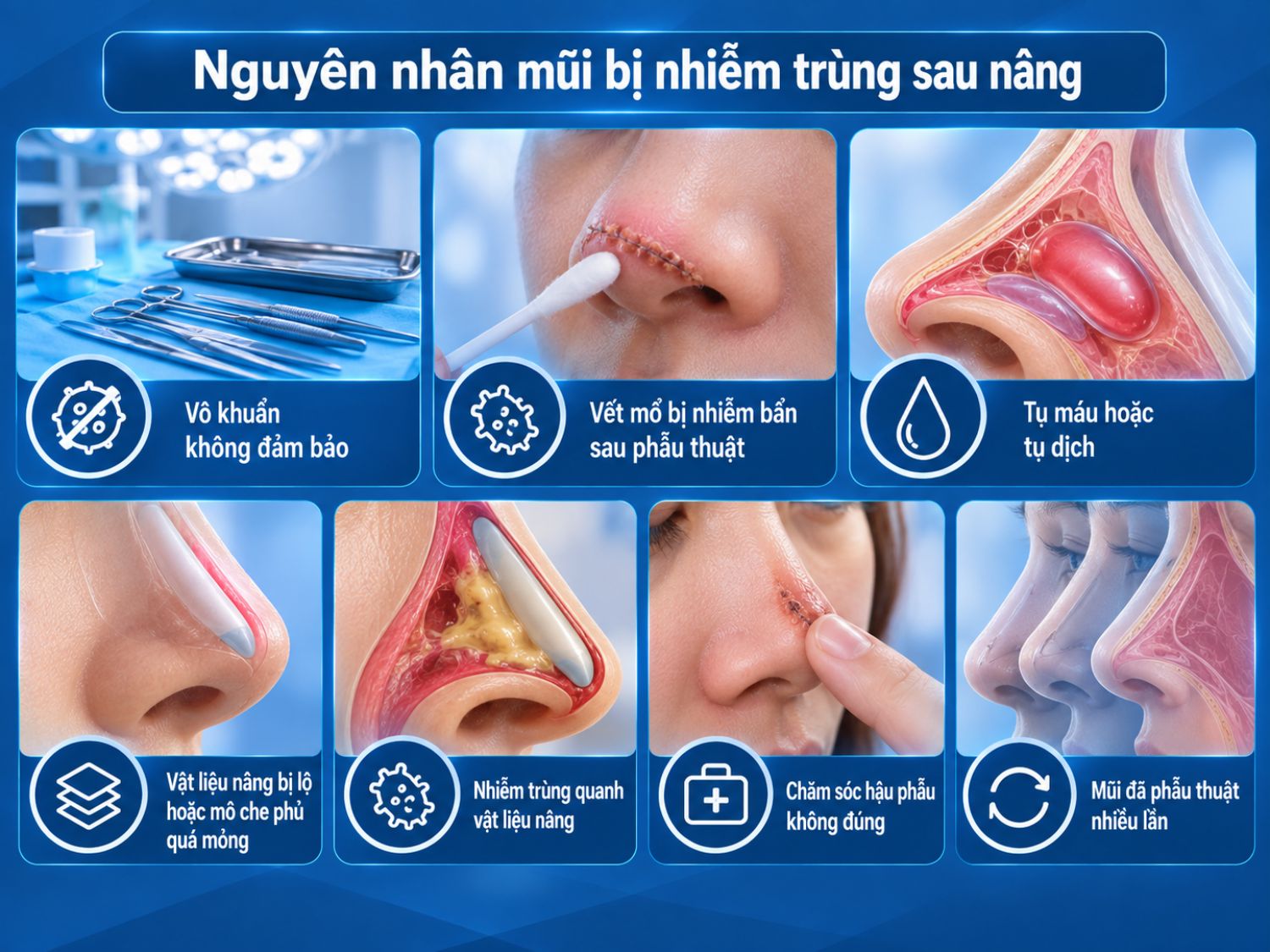 Nhiễm trùng sau nâng mũi có thể liên quan đến vô khuẩn không đảm bảo, vết mổ nhiễm bẩn, tụ máu hoặc tụ dịch, vật liệu nâng bị lộ, chăm sóc hậu phẫu chưa đúng hoặc mũi đã phẫu thuật nhiều lần.