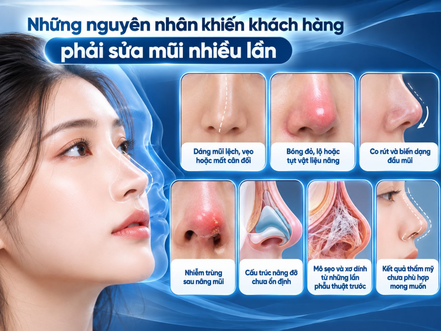 Sửa mũi nhiều lần có thể liên quan đến biến dạng dáng mũi, biến chứng vật liệu, co rút đầu mũi, nhiễm trùng, cấu trúc nâng đỡ chưa ổn định hoặc mô sẹo sau các lần phẫu thuật trước.
