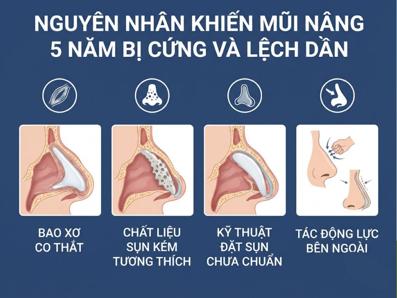 chất liệu độn và phản ứng tự nhiên của cơ thể là nguyên nhân mũi lệch, cứng
