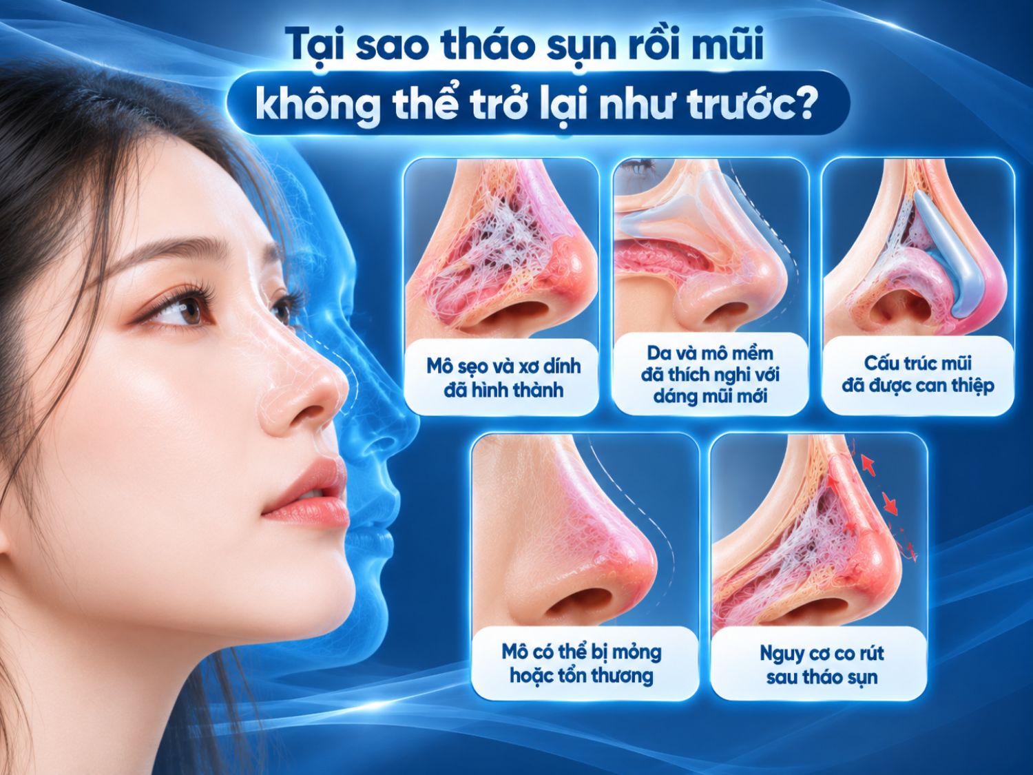 Sau tháo sụn, hình dáng mũi có thể không trở lại hoàn toàn như trước do mô sẹo, thay đổi cấu trúc, sự thích nghi của mô mềm và nguy cơ co rút.
