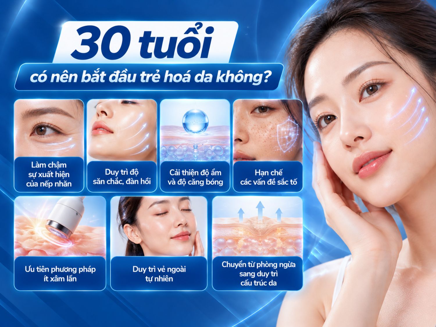 Bắt đầu chăm sóc và trẻ hóa da từ tuổi 30 giúp duy trì độ săn chắc, cải thiện độ ẩm, hạn chế nếp nhăn và các dấu hiệu lão hóa, hướng đến làn da khỏe đẹp tự nhiên.