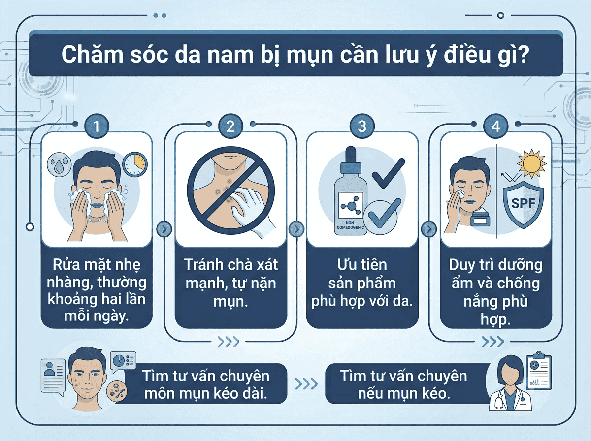 5 nguyên tắc vàng giúp nam giới chăm sóc da mụn an toàn, hiệu quả và ngăn ngừa sẹo thâm.