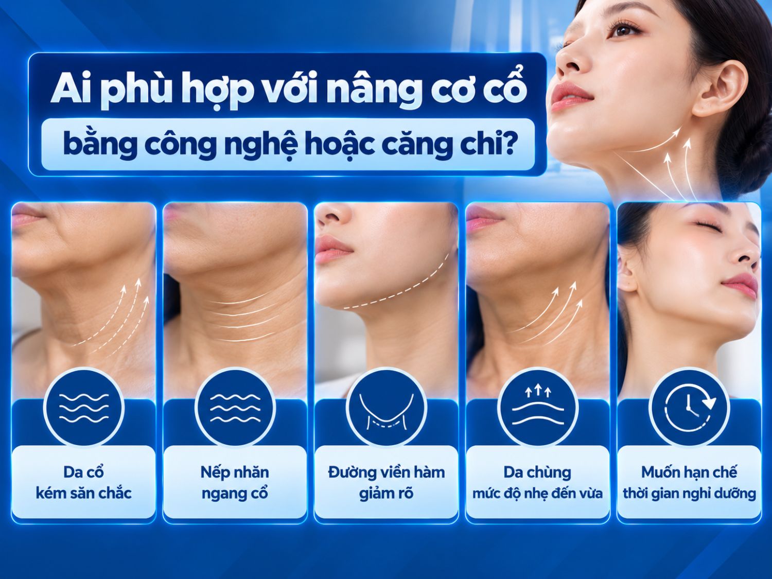 Nâng cơ cổ bằng công nghệ hoặc căng chỉ có thể được cân nhắc khi da cổ kém săn chắc, xuất hiện nếp nhăn, đường viền hàm giảm rõ hoặc da chùng nhẹ đến vừa.