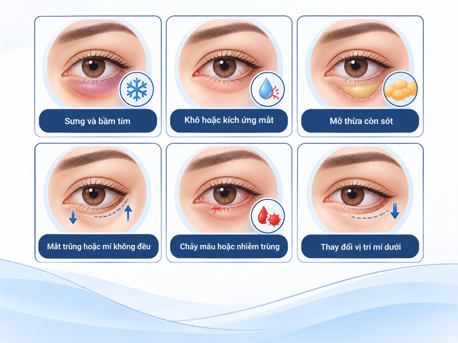 ảnh mô tả Lấy bọng mỡ qua kết mạc không tạo đường sẹo ngoài da khi thực hiện đơn thuần, nhưng vẫn có nguy cơ sưng bầm, chảy máu, kích ứng kết mạc hoặc thay đổi hình dáng mí dưới
