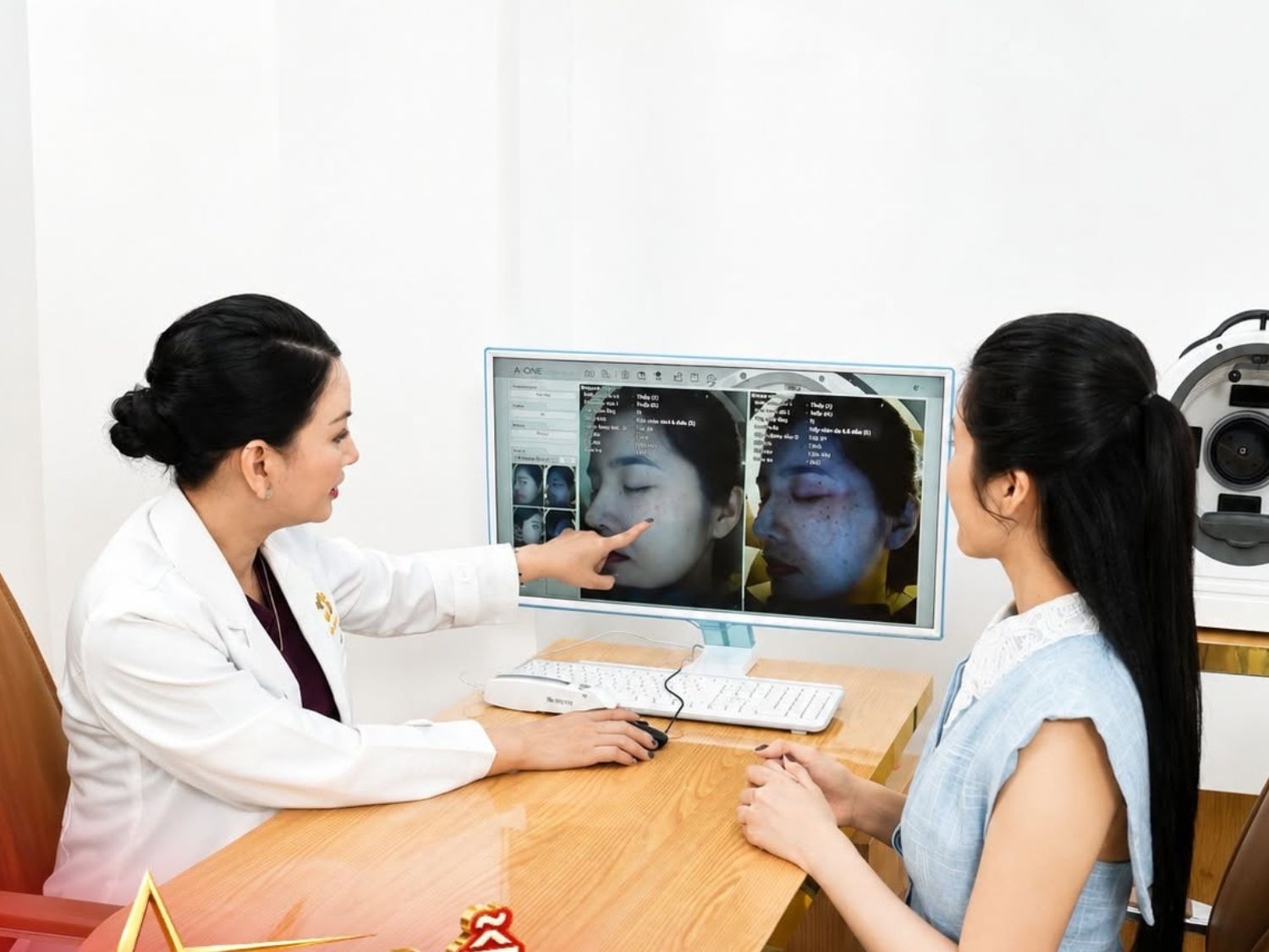 Bác sĩ thực hiện soi da, đánh giá tình trạng da của khách hàng