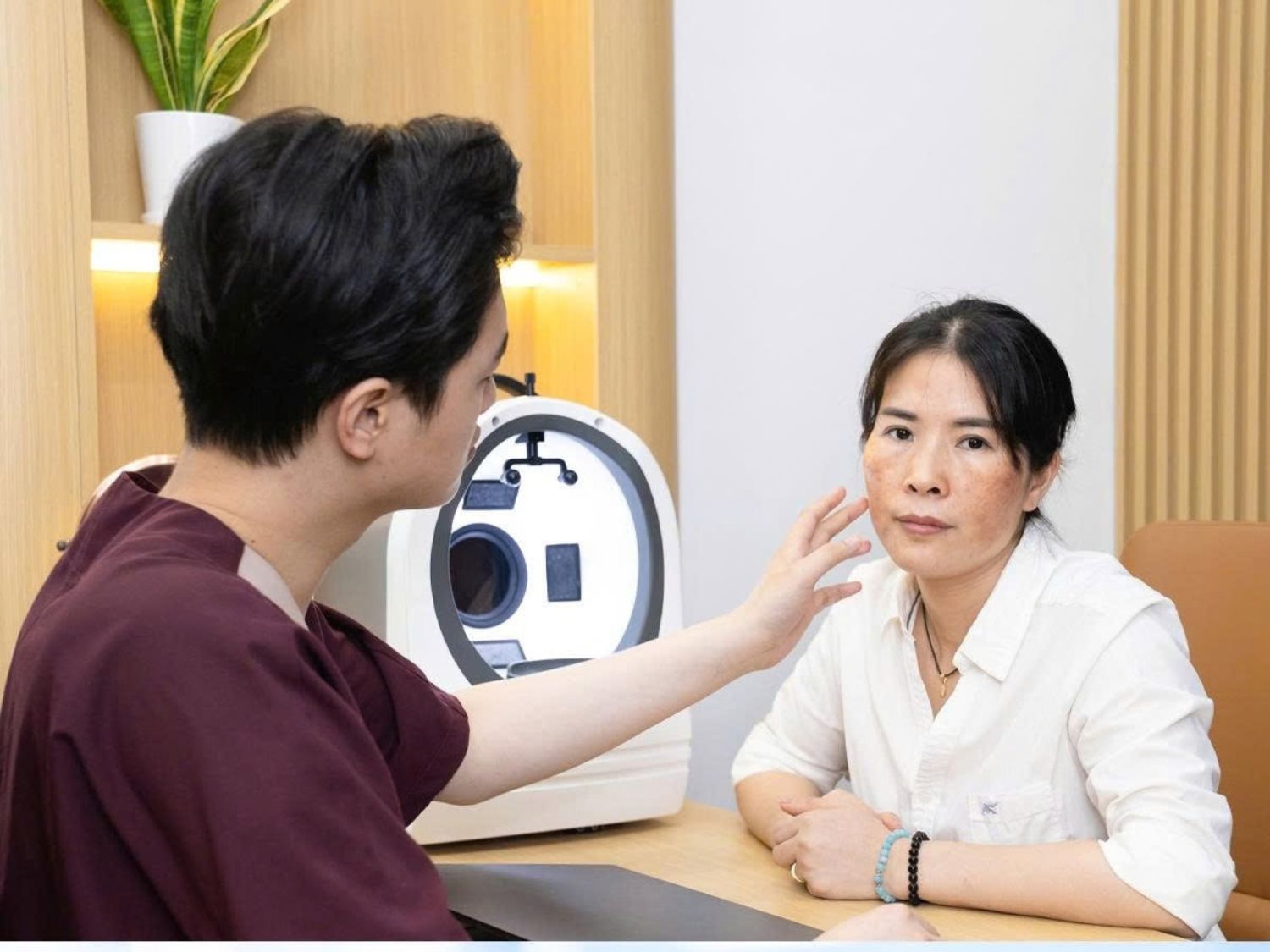 Bác sĩ thăm khám, soi da để đánh giá tình trạng da của khách hàng