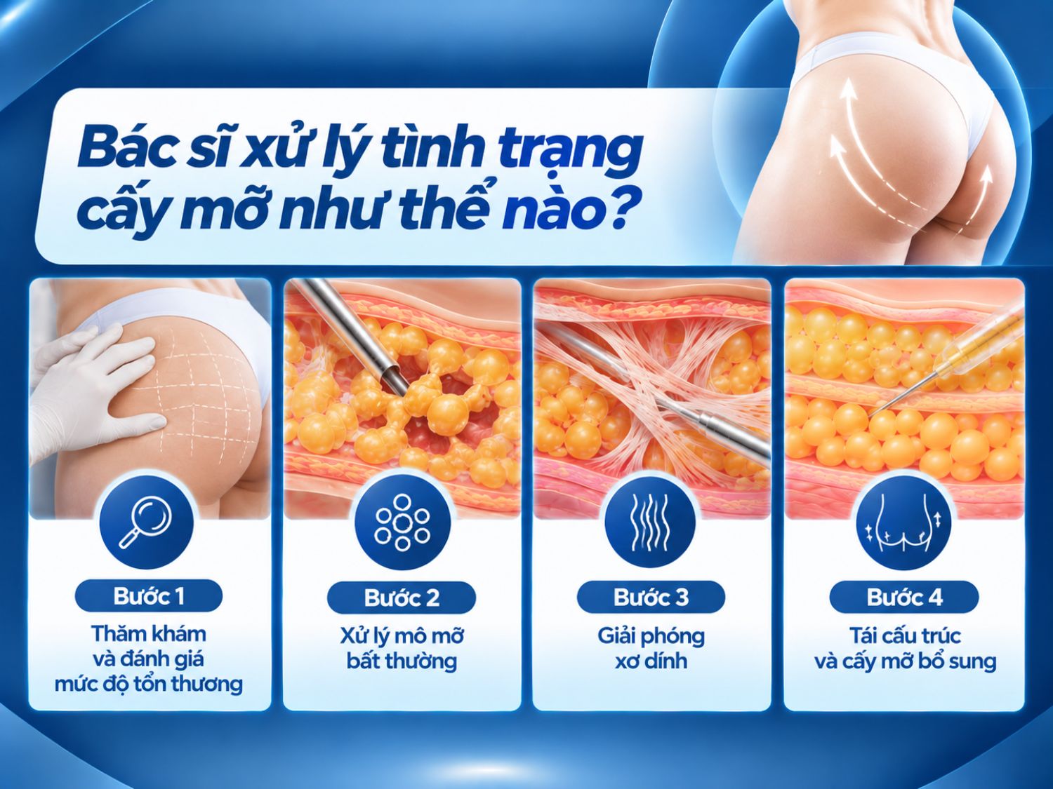 Việc khắc phục biến chứng hoặc kết quả cấy mỡ không như mong muốn cần bắt đầu bằng thăm khám và đánh giá mô vùng điều trị. Tùy tình trạng thực tế, bác sĩ có thể cân nhắc xử lý mô mỡ bất thường, giải phóng xơ dính, tái cấu trúc mô hoặc cấy mỡ bổ sung nhằm cải thiện độ cân đối và đường nét vùng cấy. Không phải trường hợp nào cũng cần thực hiện đầy đủ các bước can thiệp.