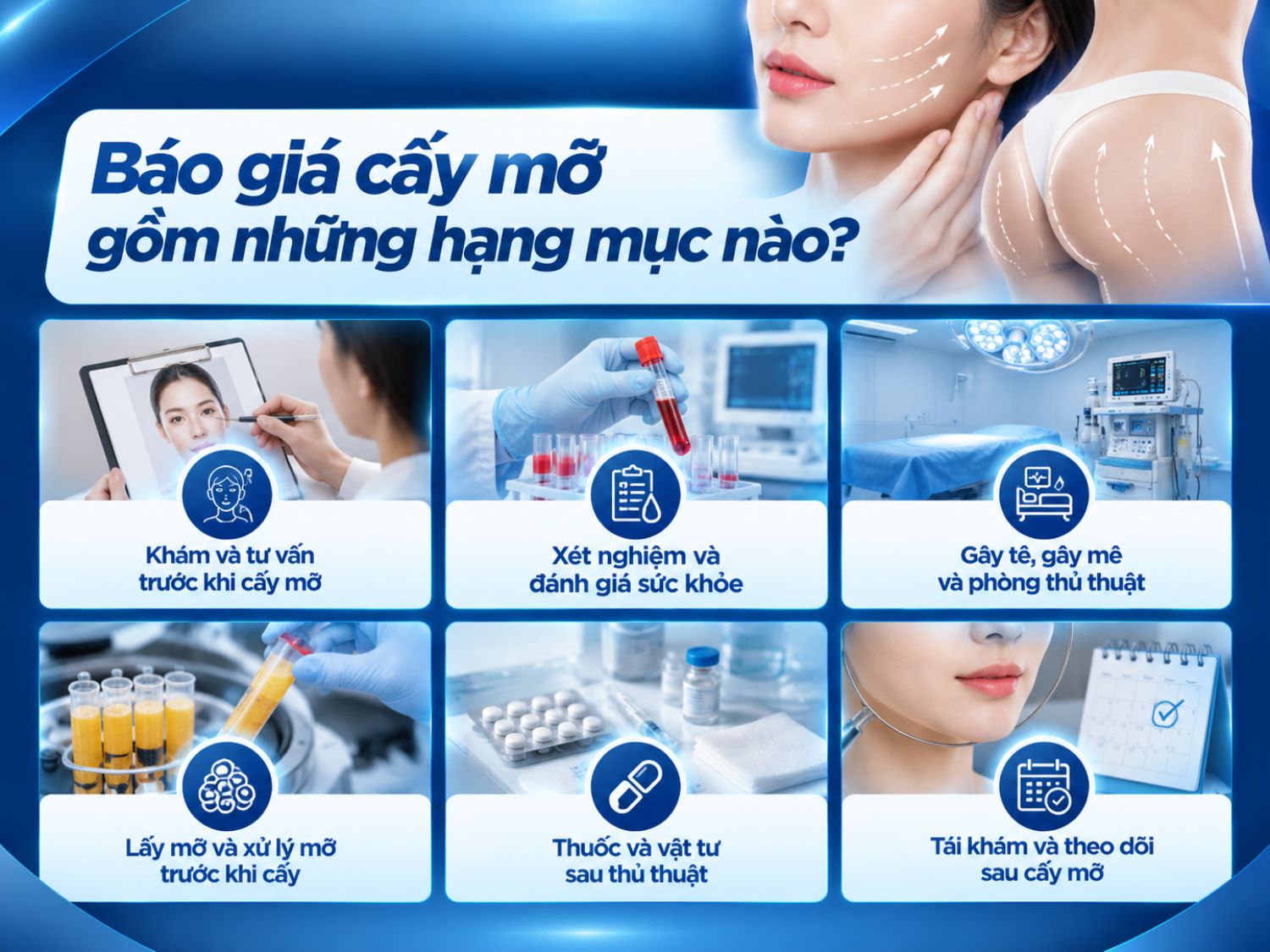 Báo giá cấy mỡ tự thân cần thể hiện rõ các hạng mục từ thăm khám, xét nghiệm, gây tê hoặc gây mê, lấy và xử lý mỡ đến thuốc, vật tư và theo dõi hậu phẫu. Khách hàng nên yêu cầu bảng giá chi tiết để biết khoản nào đã bao gồm trong gói dịch vụ và khoản nào có thể phát sinh.