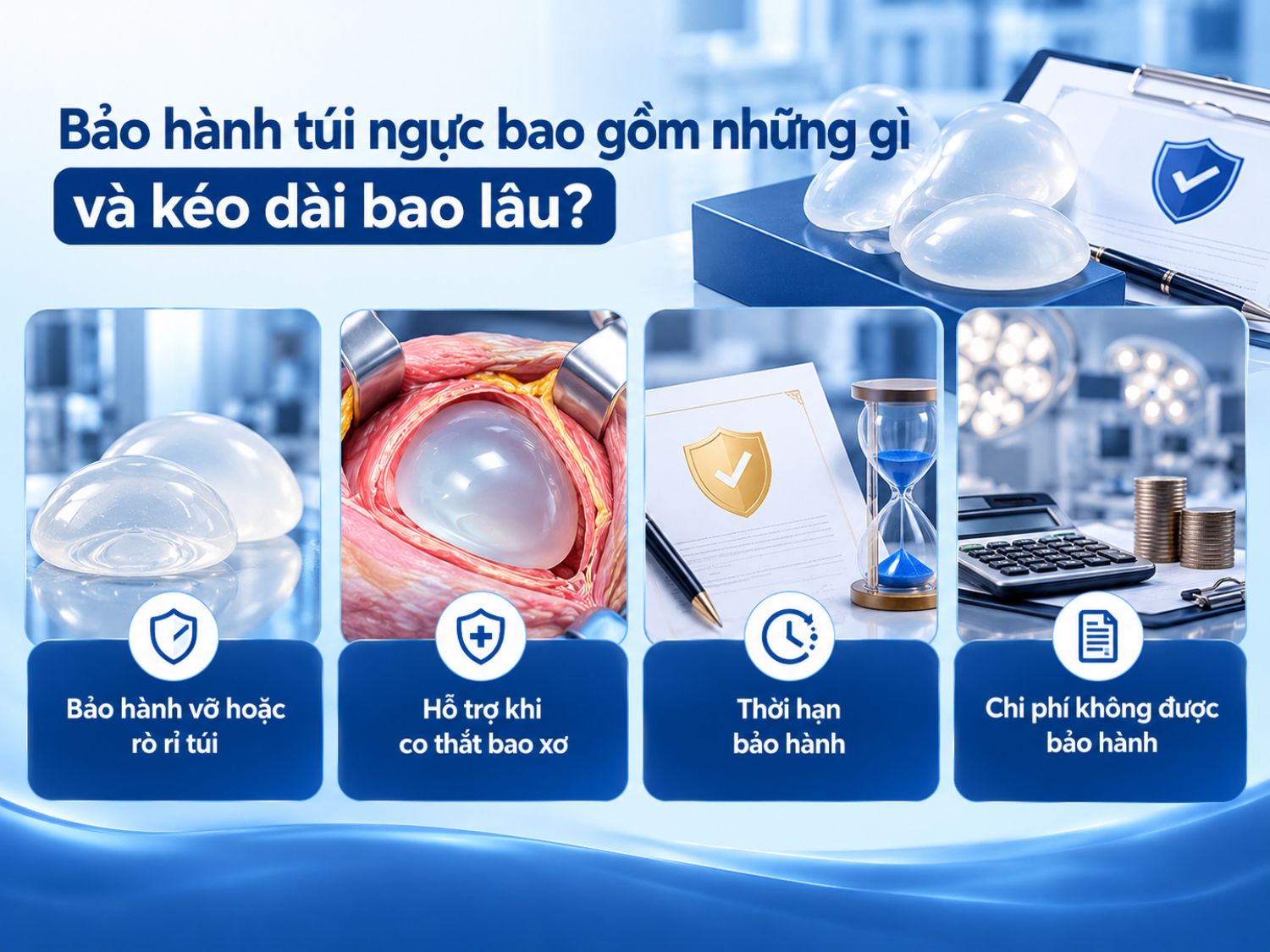 Chính sách bảo hành túi ngực có thể bao gồm thay thế túi khi vỡ, rò rỉ hoặc hỗ trợ trong trường hợp co thắt bao xơ. Thời hạn, điều kiện áp dụng và các khoản chi phí không được bảo hành phụ thuộc vào từng hãng sản xuất.