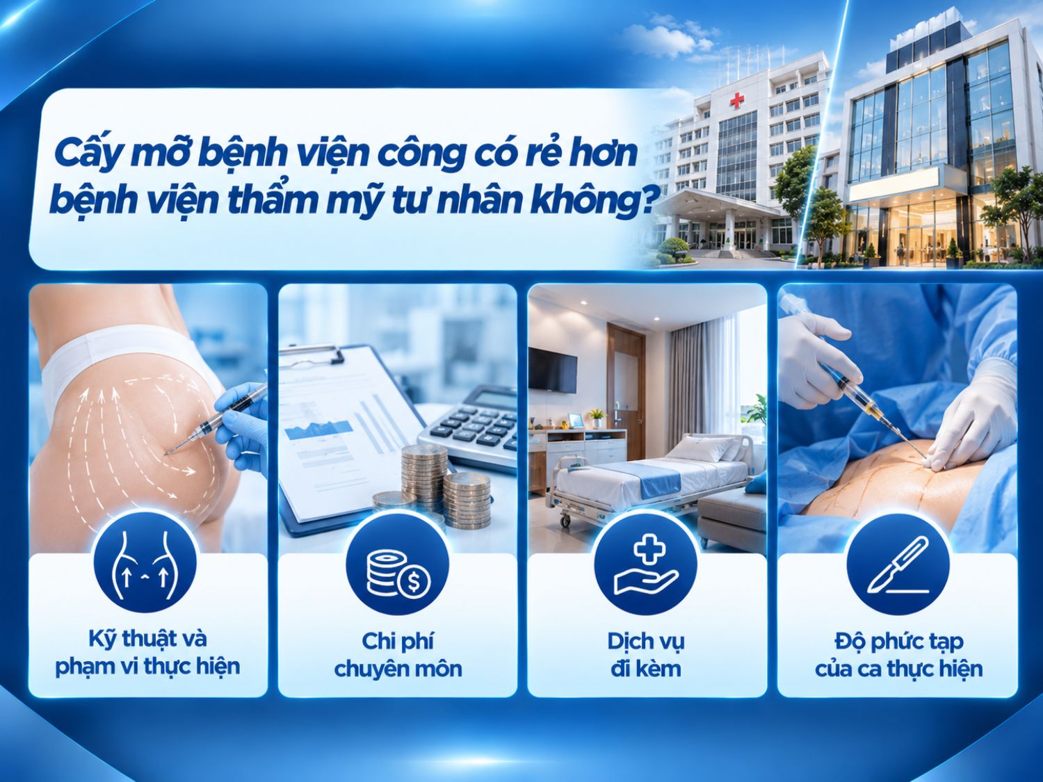 Khi lựa chọn địa chỉ cấy mỡ tự thân, khách hàng nên so sánh bệnh viện công và bệnh viện thẩm mỹ dựa trên chi phí, chuyên môn bác sĩ, quy trình thực hiện, thời gian chờ, chế độ chăm sóc sau cấy mỡ và kỹ thuật được áp dụng để lựa chọn cơ sở phù hợp.
