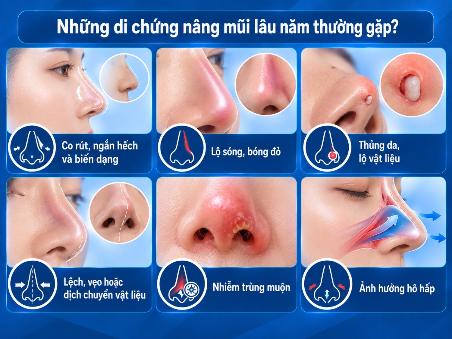 Di chứng nâng mũi lâu năm có thể gồm co rút, ngắn hếch, lộ sóng, bóng đỏ, lộ vật liệu, lệch vẹo, nhiễm trùng muộn và ảnh hưởng đến hô hấp.