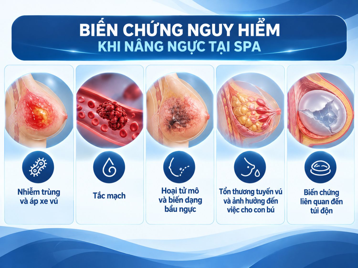 Nâng ngực bằng các thủ thuật xâm lấn tại spa không đủ điều kiện có thể dẫn đến nhiễm trùng, áp xe, tắc mạch, hoại tử mô và biến dạng bầu ngực. Một số trường hợp còn gây tổn thương tuyến vú, ảnh hưởng đến khả năng cho con bú hoặc phát sinh biến chứng liên quan đến túi độn, đòi hỏi can thiệp y tế kịp thời.