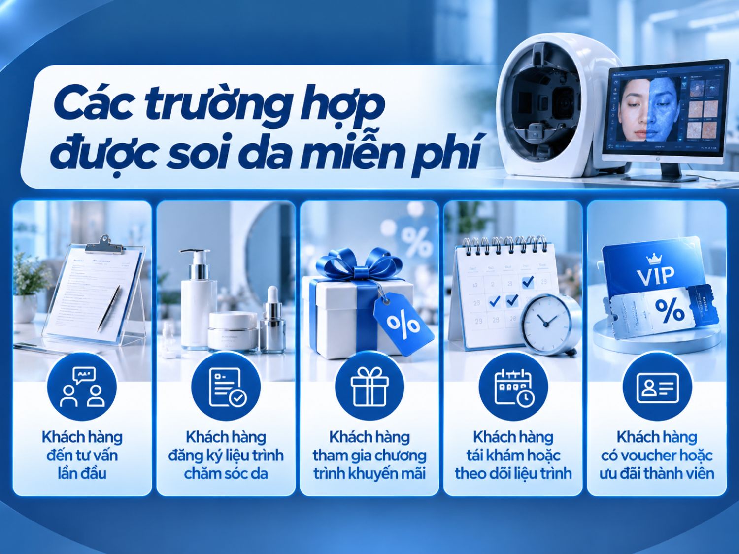 Dịch vụ soi da miễn phí có thể áp dụng cho khách hàng tư vấn lần đầu, đăng ký liệu trình, tham gia chương trình ưu đãi hoặc tái khám. Khách hàng nên xác nhận điều kiện áp dụng với cơ sở trước khi đặt lịch.