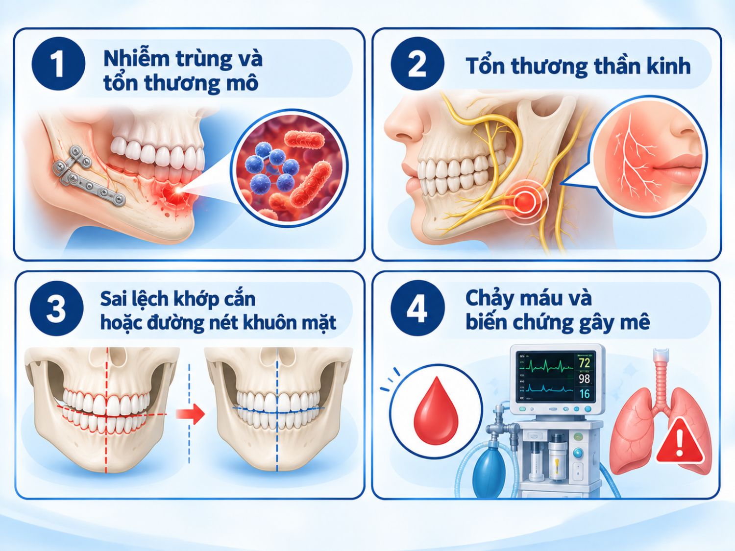 ảnh mô tả Phẫu thuật hàm tại cơ sở không đủ điều kiện có thể làm tăng nguy cơ nhiễm trùng, tổn thương thần kinh, sai lệch khớp cắn, chảy máu