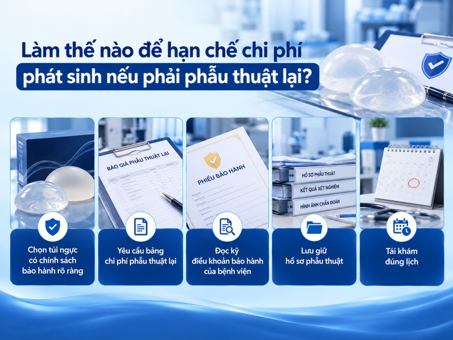 Để hạn chế chi phí phát sinh khi phải thay túi ngực hoặc phẫu thuật lại, khách hàng nên lựa chọn sản phẩm có chính sách bảo hành minh bạch, tìm hiểu chi phí dự kiến, lưu giữ hồ sơ phẫu thuật và tuân thủ lịch tái khám.