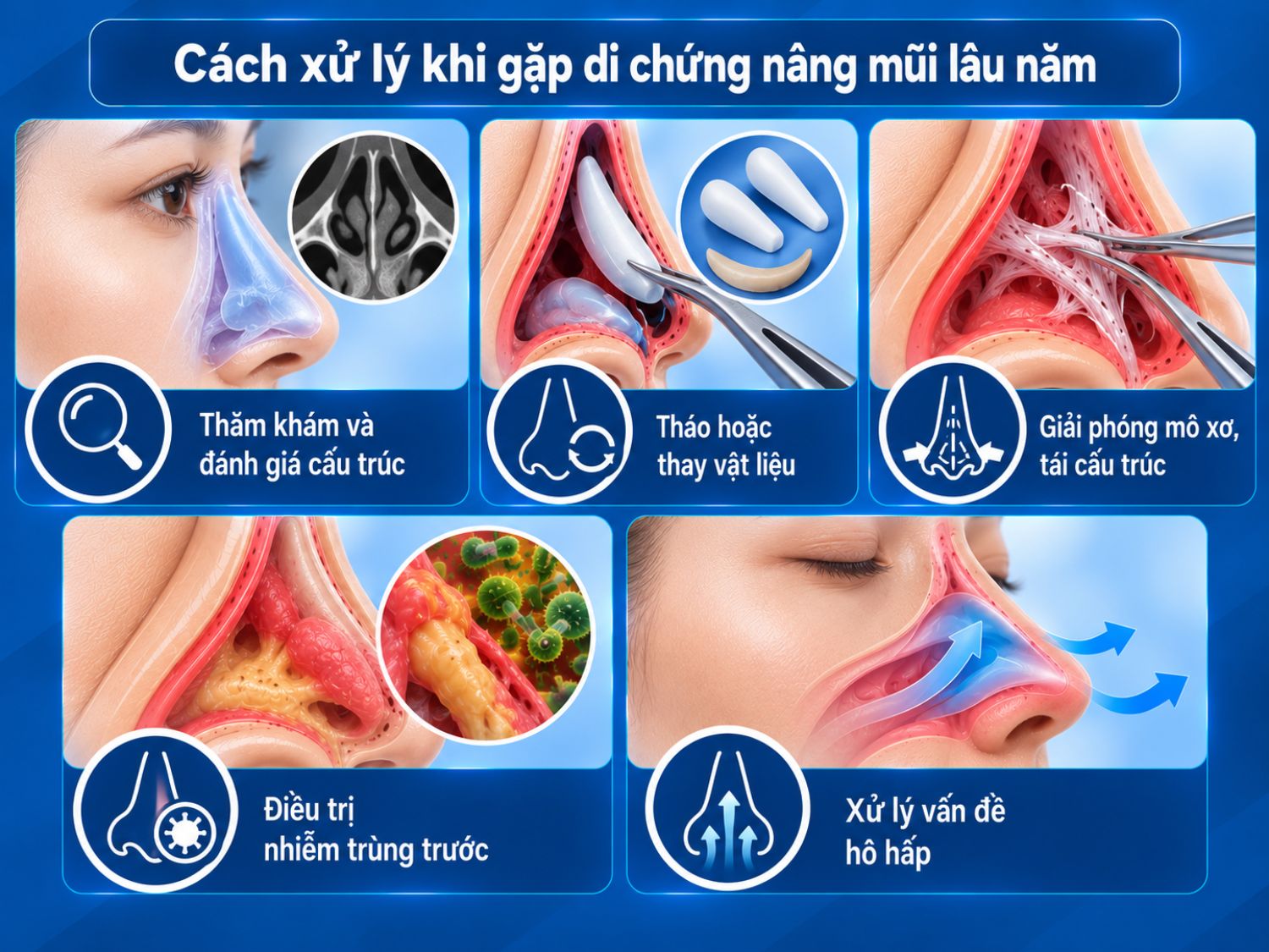 Tùy tình trạng, bác sĩ có thể đánh giá lại cấu trúc, tháo hoặc thay vật liệu, giải phóng mô xơ, tái cấu trúc mũi, kiểm soát nhiễm trùng và xử lý vấn đề hô hấp.