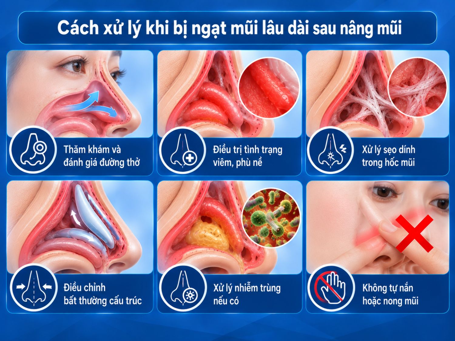 Khi ngạt mũi kéo dài, cần thăm khám để đánh giá đường thở, điều trị viêm – phù nề, xử lý sẹo dính, điều chỉnh bất thường cấu trúc và kiểm soát nhiễm trùng nếu có.