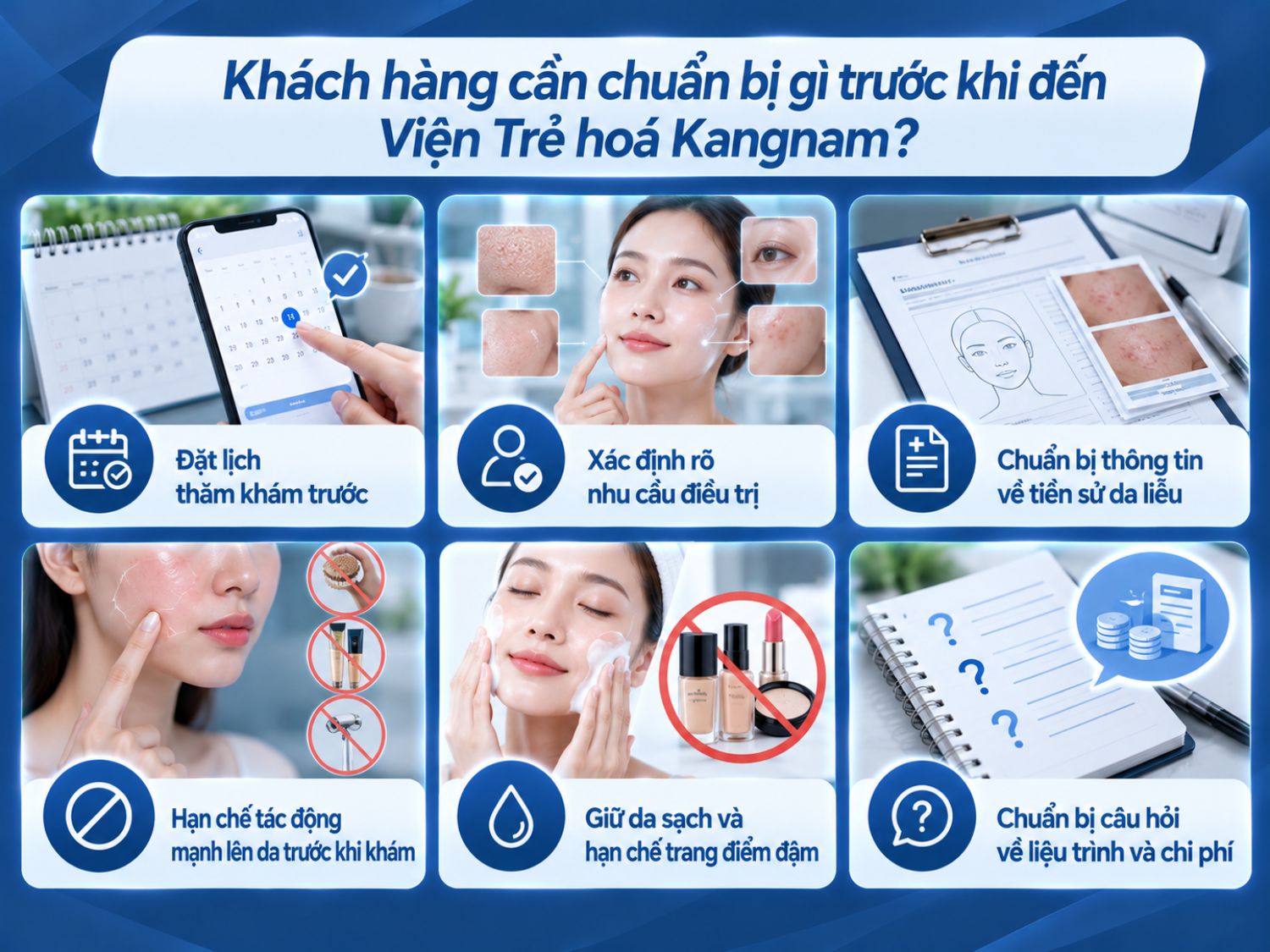 6 điều cần chuẩn bị trước khi đến Viện Trẻ hoá Kangnam gồm đặt lịch khám, xác định nhu cầu điều trị, cung cấp tiền sử da liễu, hạn chế tác động mạnh lên da, giữ da sạch và chuẩn bị câu hỏi về chi phí.