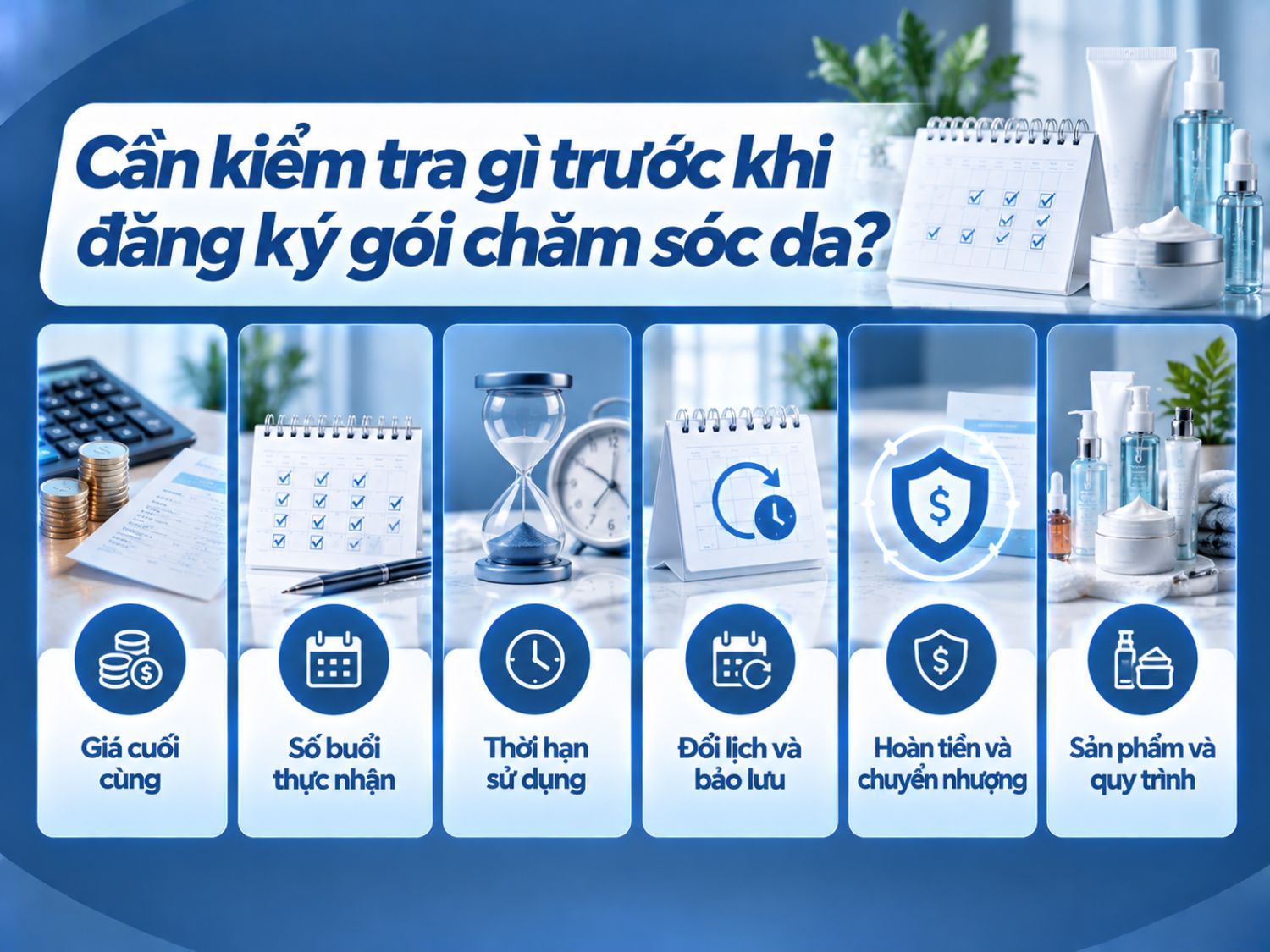 Trước khi đăng ký gói chăm sóc da, khách hàng cần xác nhận tổng chi phí, số buổi được sử dụng, thời hạn gói và các điều kiện đổi lịch, bảo lưu, hoàn tiền hoặc chuyển nhượng.