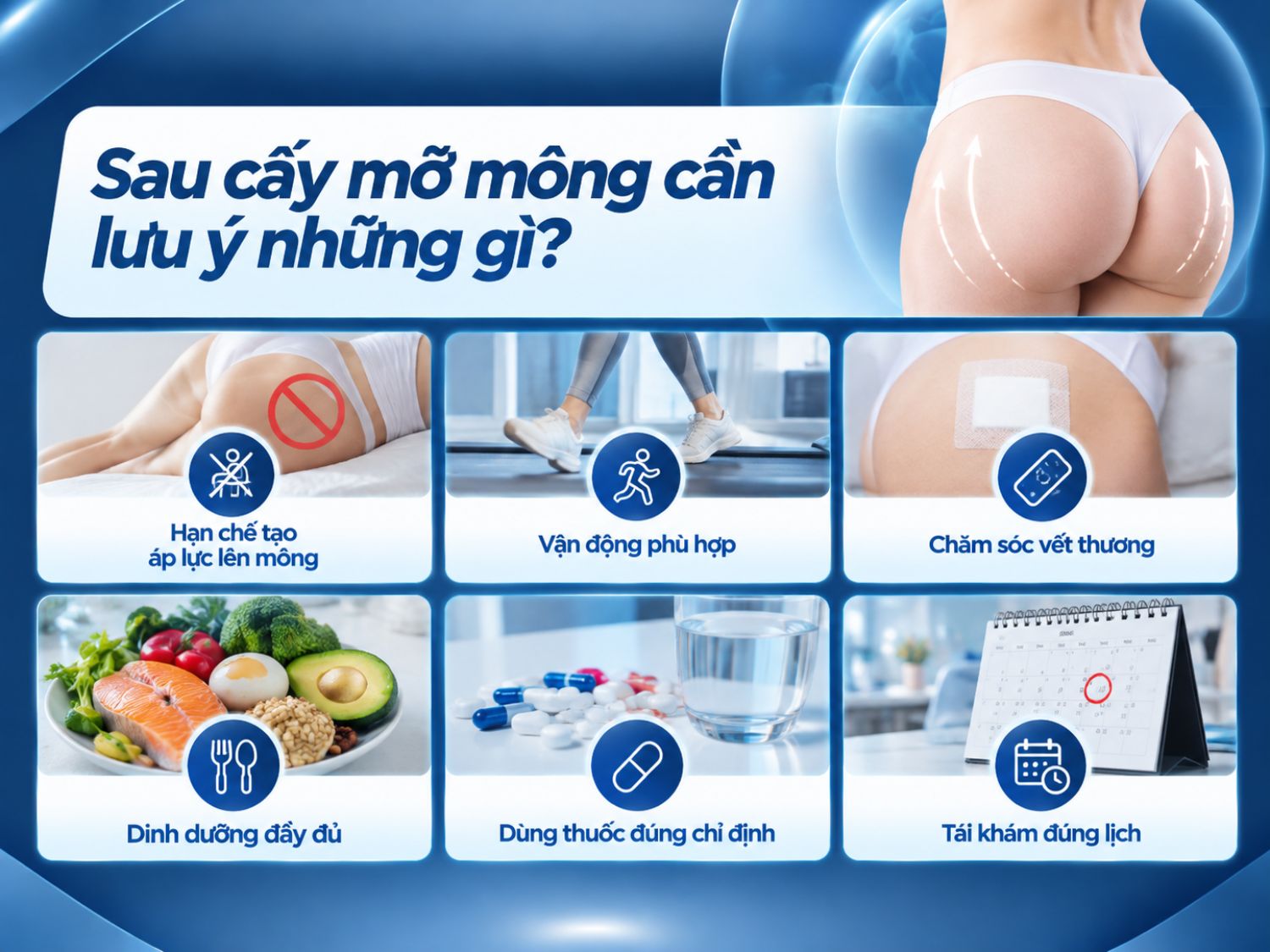 Sau cấy mỡ mông, khách hàng cần hạn chế ngồi hoặc nằm đè trực tiếp lên vùng cấy theo hướng dẫn của bác sĩ, vận động nhẹ nhàng, giữ vệ sinh vết thương và bổ sung đầy đủ dinh dưỡng. Đồng thời, cần sử dụng thuốc đúng chỉ định, tái khám theo lịch hẹn và theo dõi các dấu hiệu bất thường để được xử trí kịp thời.
