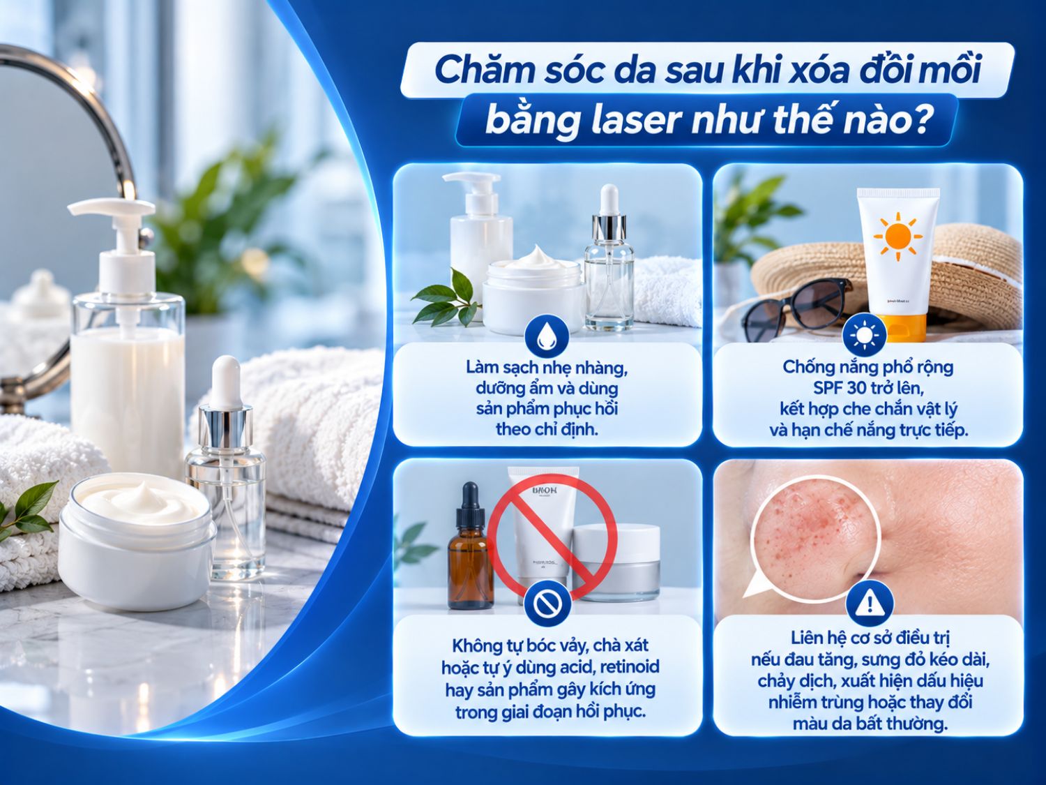 Chăm sóc da đúng cách sau laser giúp hỗ trợ phục hồi và hạn chế nguy cơ tăng sắc tố sau viêm. Khách hàng cần tuân thủ hướng dẫn của bác sĩ và theo dõi phản ứng da trong giai đoạn hồi phục.