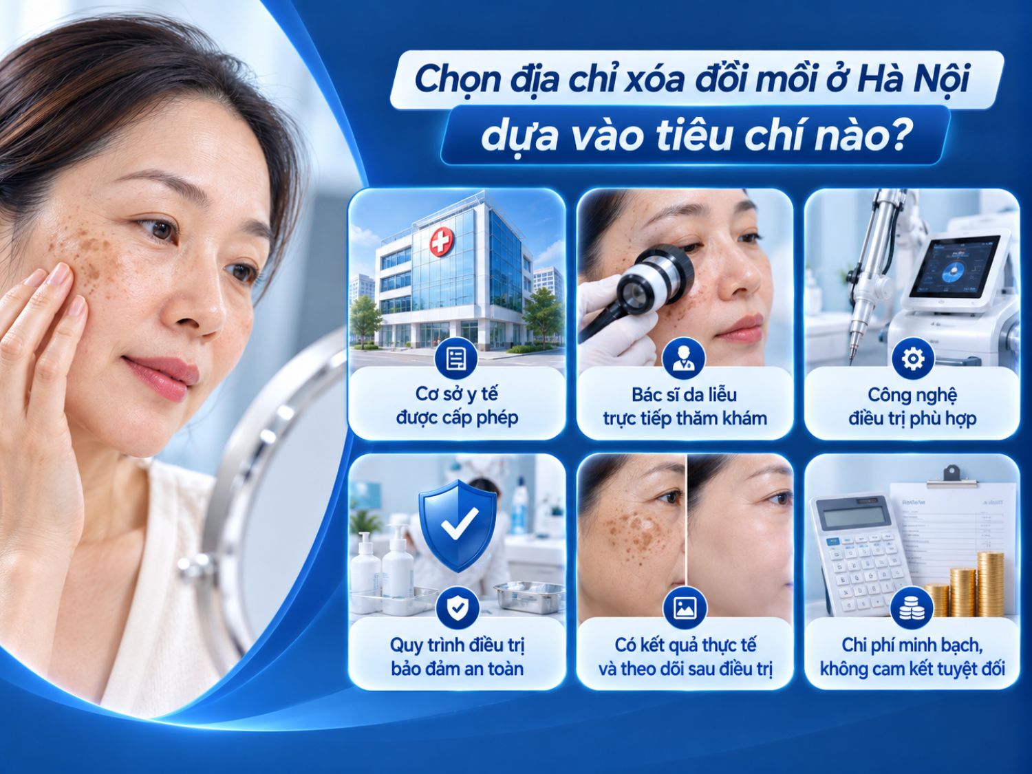 Khi lựa chọn địa chỉ xóa đồi mồi tại Hà Nội, khách hàng nên ưu tiên cơ sở được cấp phép, có bác sĩ da liễu trực tiếp thăm khám, công nghệ phù hợp và quy trình theo dõi sau điều trị rõ ràng.
