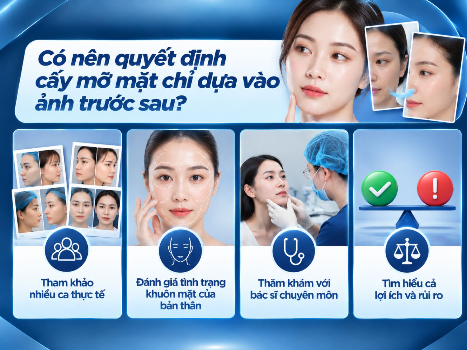 Hình ảnh trước sau cấy mỡ mặt chỉ mang tính tham khảo. Khách hàng cần được bác sĩ chuyên môn đánh giá cấu trúc khuôn mặt, tư vấn phương pháp phù hợp và giải thích các rủi ro trước khi quyết định thực hiện.
