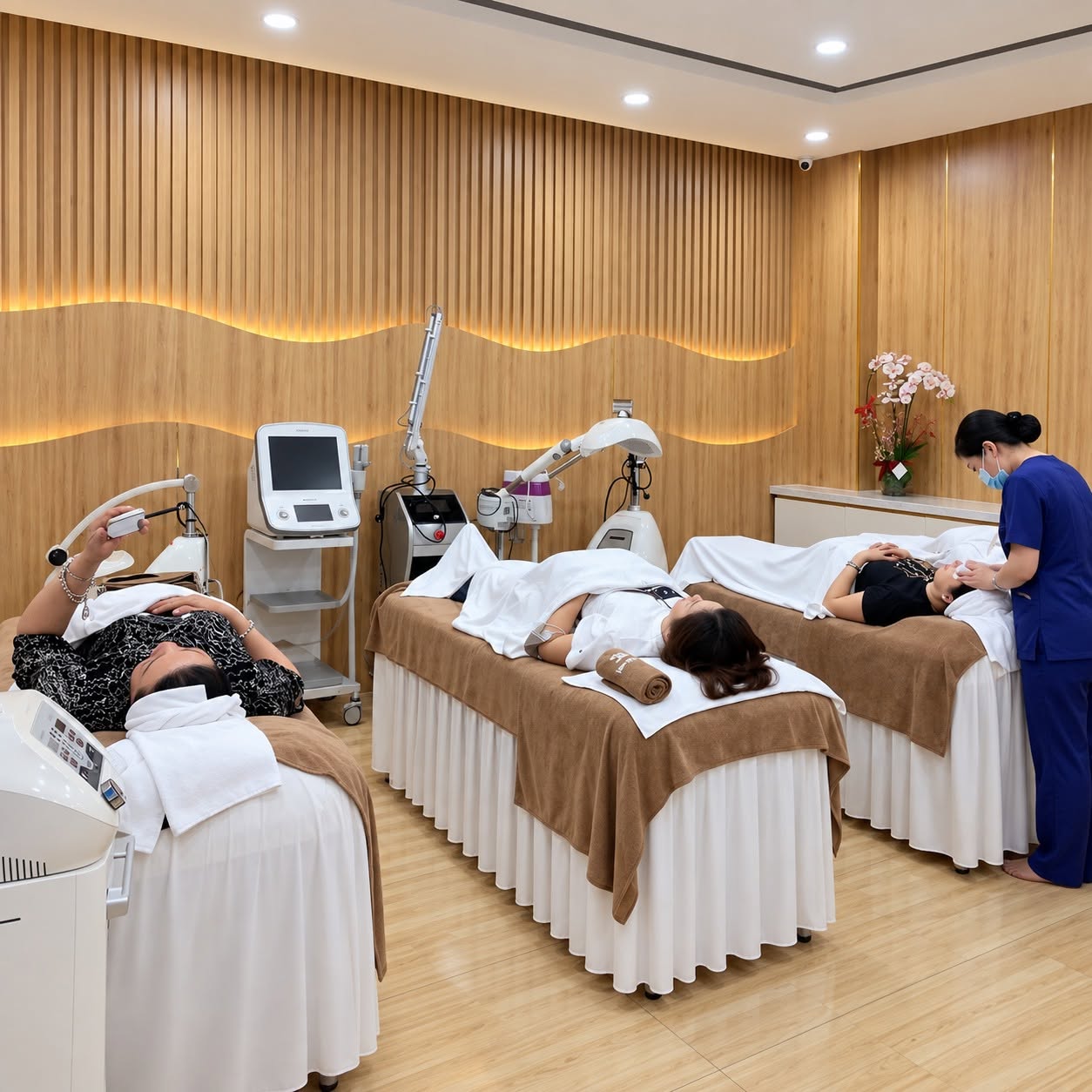 Không gian thực hiện các dịch vụ chăm sóc da tại Kangnam được bố trí giường điều trị và hệ thống thiết bị chuyên dụng.