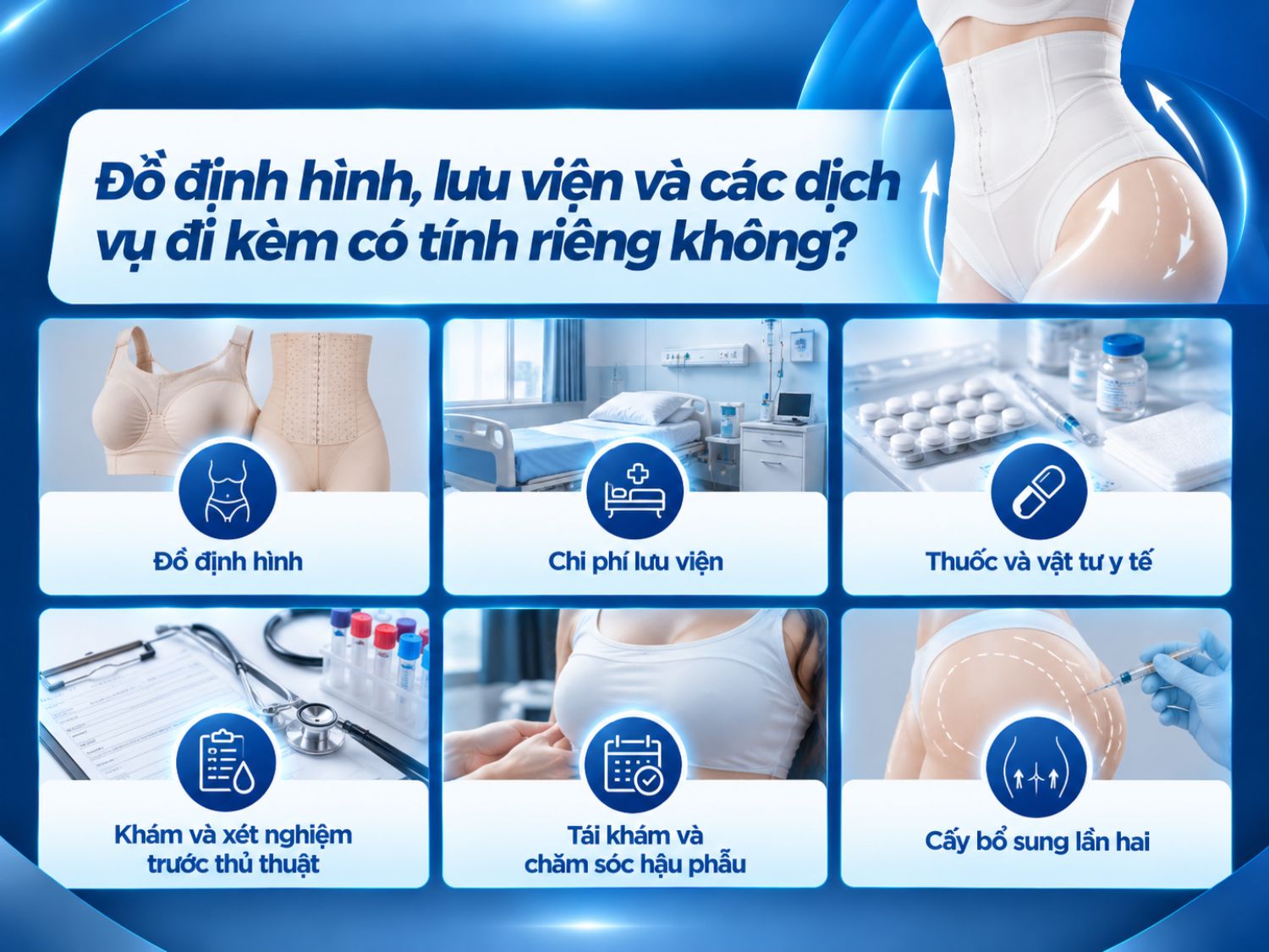 Đồ định hình, chi phí lưu viện, thuốc, xét nghiệm, tái khám và cấy mỡ bổ sung lần hai có thể được tính riêng hoặc nằm trong gói dịch vụ tùy chính sách của từng cơ sở. Khách hàng nên xác nhận rõ các khoản phí trước khi thực hiện để chủ động dự trù ngân sách.