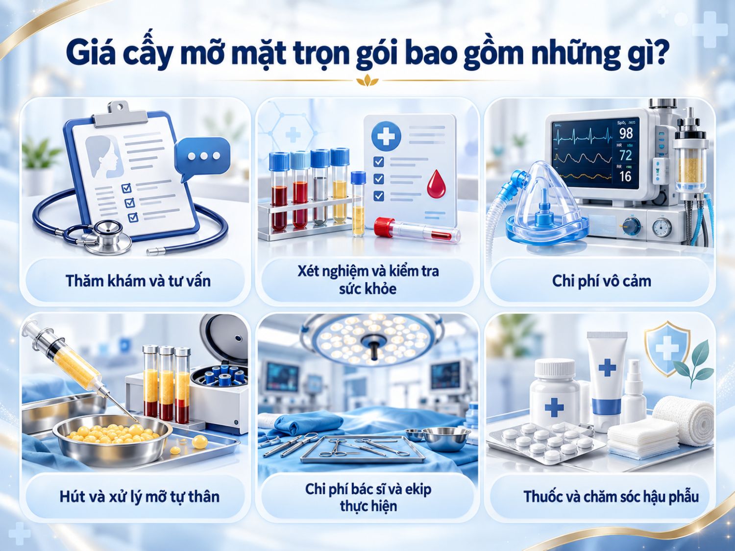 Giá cấy mỡ mặt trọn gói có thể bao gồm chi phí thăm khám, xét nghiệm, vô cảm, lấy và xử lý mỡ, bác sĩ thực hiện cùng thuốc và chăm sóc hậu phẫu, tùy chính sách từng cơ sở.