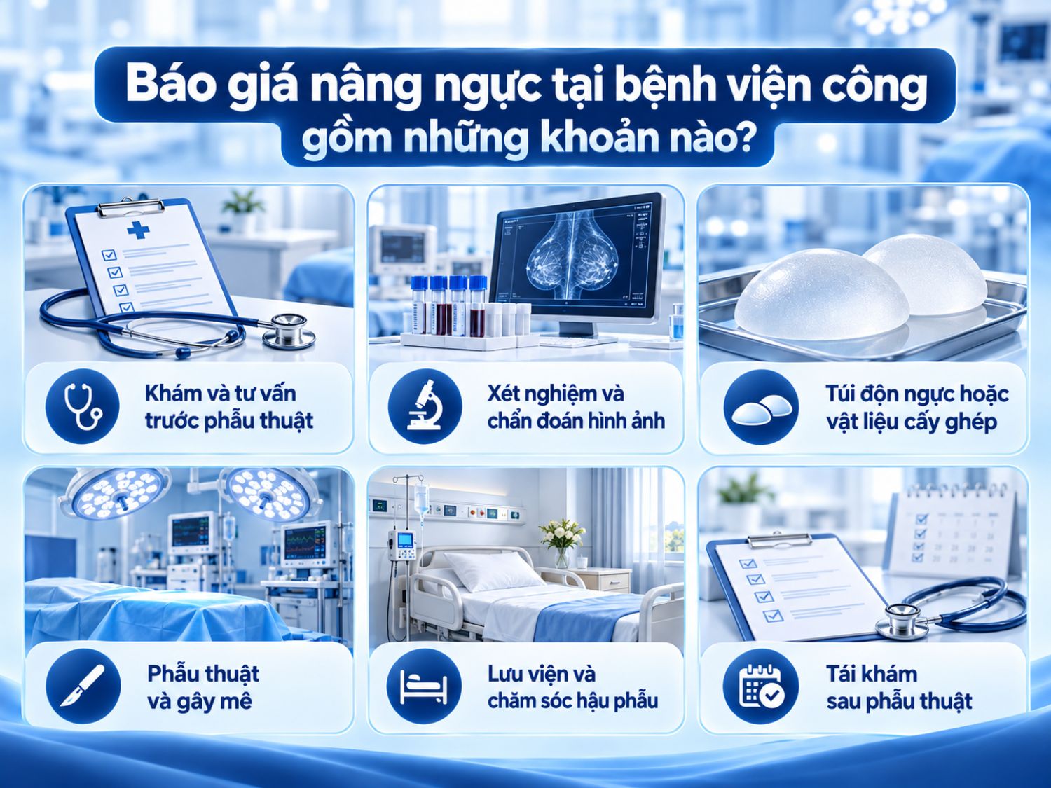 Báo giá nâng ngực tại bệnh viện công có thể bao gồm chi phí thăm khám, xét nghiệm, túi độn, phẫu thuật, gây mê, lưu viện và tái khám. Khách hàng cần kiểm tra chi tiết từng hạng mục để xác định tổng chi phí thực tế và các khoản có thể phát sinh.