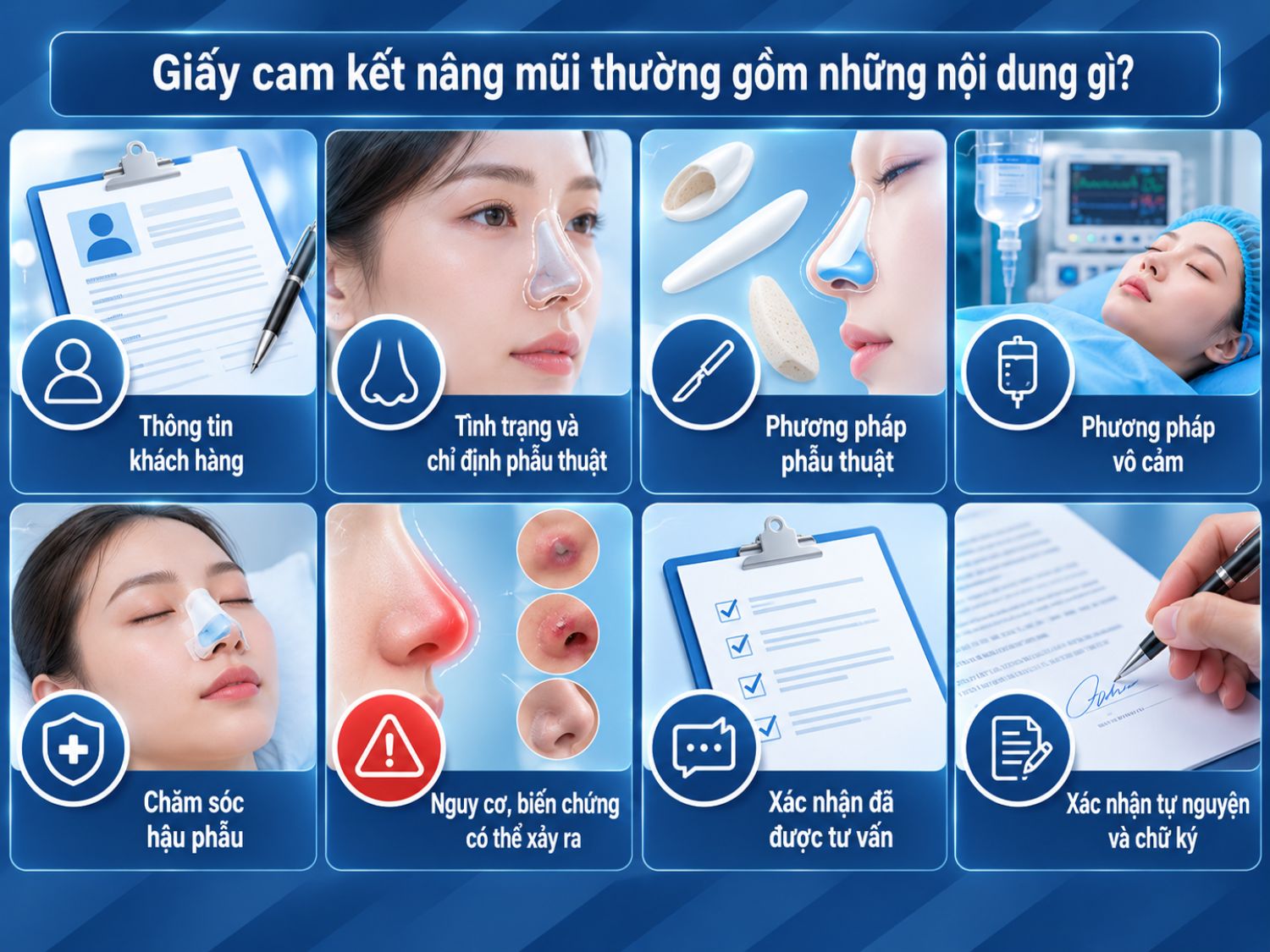 Giấy cam kết nâng mũi thường thể hiện thông tin khách hàng, chỉ định và phương pháp phẫu thuật, phương pháp vô cảm, chăm sóc hậu phẫu, nguy cơ có thể xảy ra và xác nhận tự nguyện thực hiện.