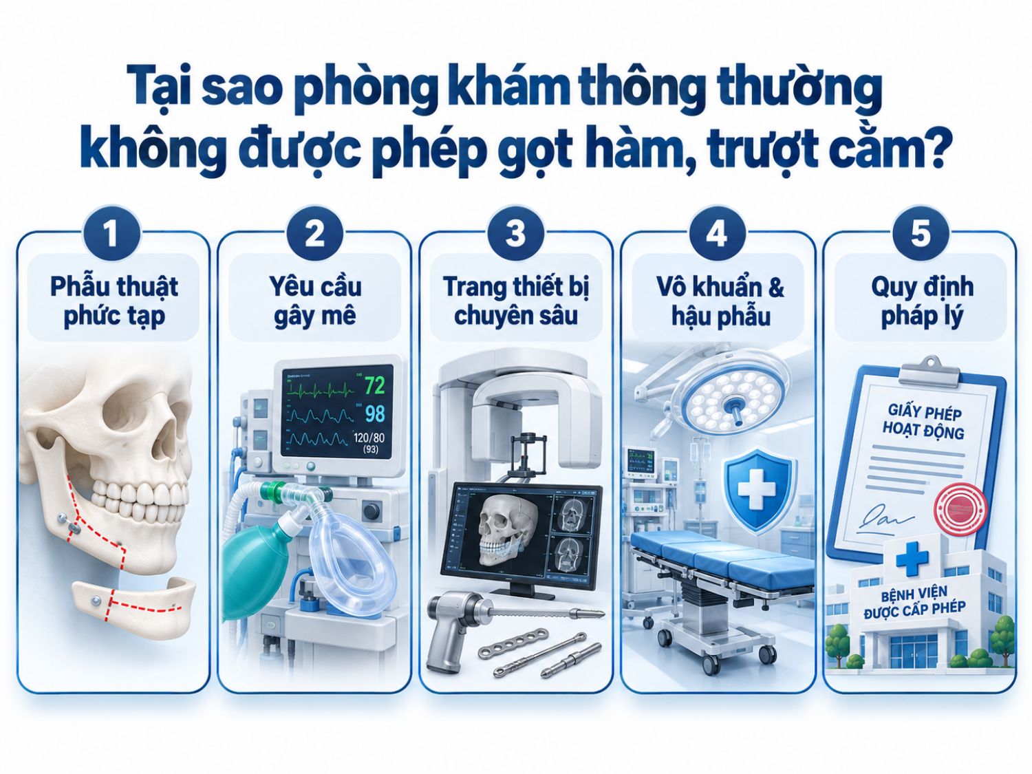 ảnh mô tả gọt hàm và trượt cằm là các phẫu thuật can thiệp vào cấu trúc xương, cần được thực hiện tại cơ sở y tế có phạm vi hoạt động chuyên môn phù hợp và đủ điều kiện phẫu thuật, gây mê hồi sức