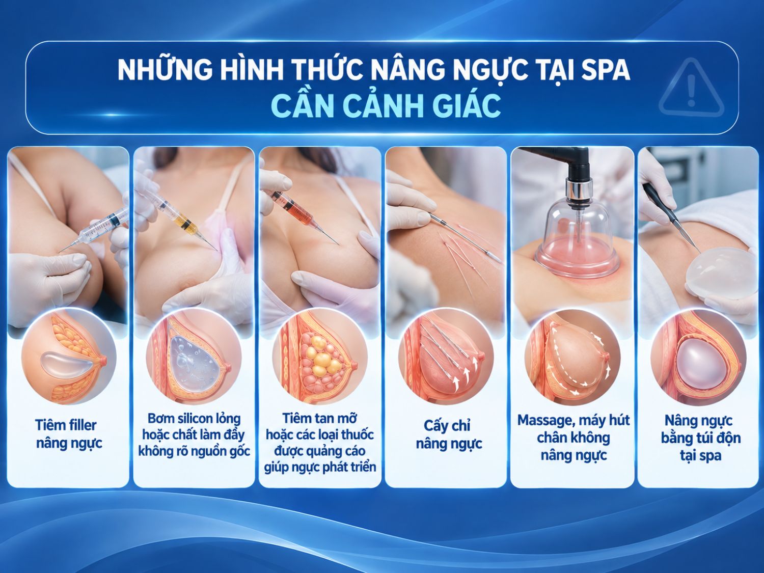 Các hình thức nâng ngực tại spa như tiêm filler, bơm silicon lỏng, cấy chỉ hoặc sử dụng thuốc không rõ nguồn gốc có thể tiềm ẩn nhiều rủi ro. Đặc biệt, phẫu thuật đặt túi ngực tại spa không đủ điều kiện y tế có nguy cơ gây biến chứng nghiêm trọng, ảnh hưởng đến sức khỏe và kết quả thẩm mỹ.