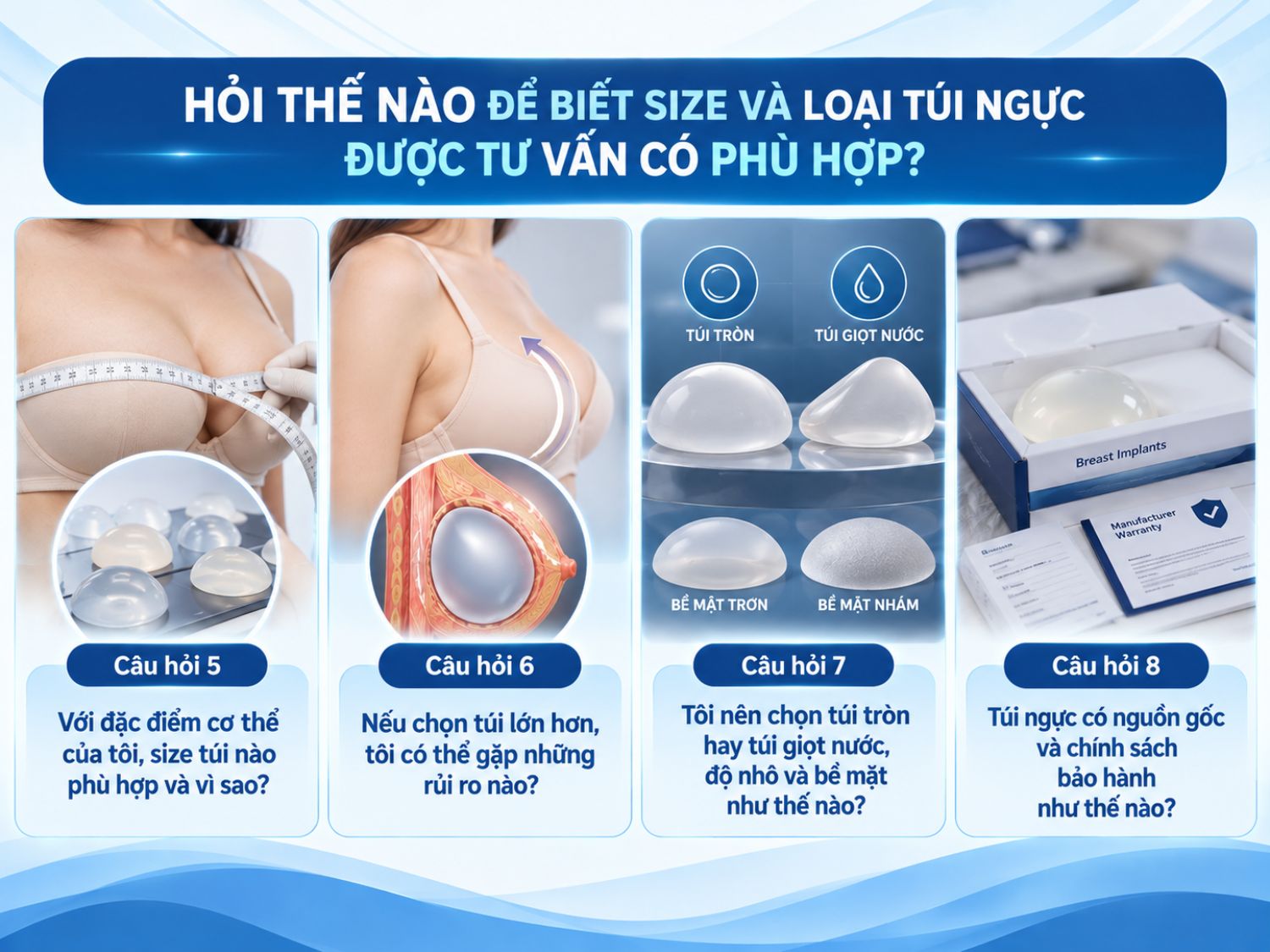 Khi tư vấn nâng ngực, khách hàng nên trao đổi với bác sĩ về kích thước túi phù hợp với cơ thể, nguy cơ khi lựa chọn túi quá lớn, hình dáng, độ nhô và đặc điểm bề mặt túi. Ngoài ra, cần kiểm tra nguồn gốc sản phẩm và điều khoản bảo hành để đưa ra quyết định phù hợp với nhu cầu thẩm mỹ và điều kiện sức khỏe.
