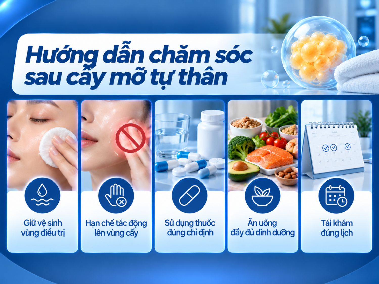Sau cấy mỡ tự thân, khách hàng cần giữ vệ sinh vùng điều trị, tránh đè ép hoặc tác động mạnh lên vùng cấy, sử dụng thuốc theo chỉ định và duy trì chế độ dinh dưỡng hợp lý. Đồng thời, tái khám đúng lịch để bác sĩ theo dõi quá trình hồi phục và đánh giá kết quả.