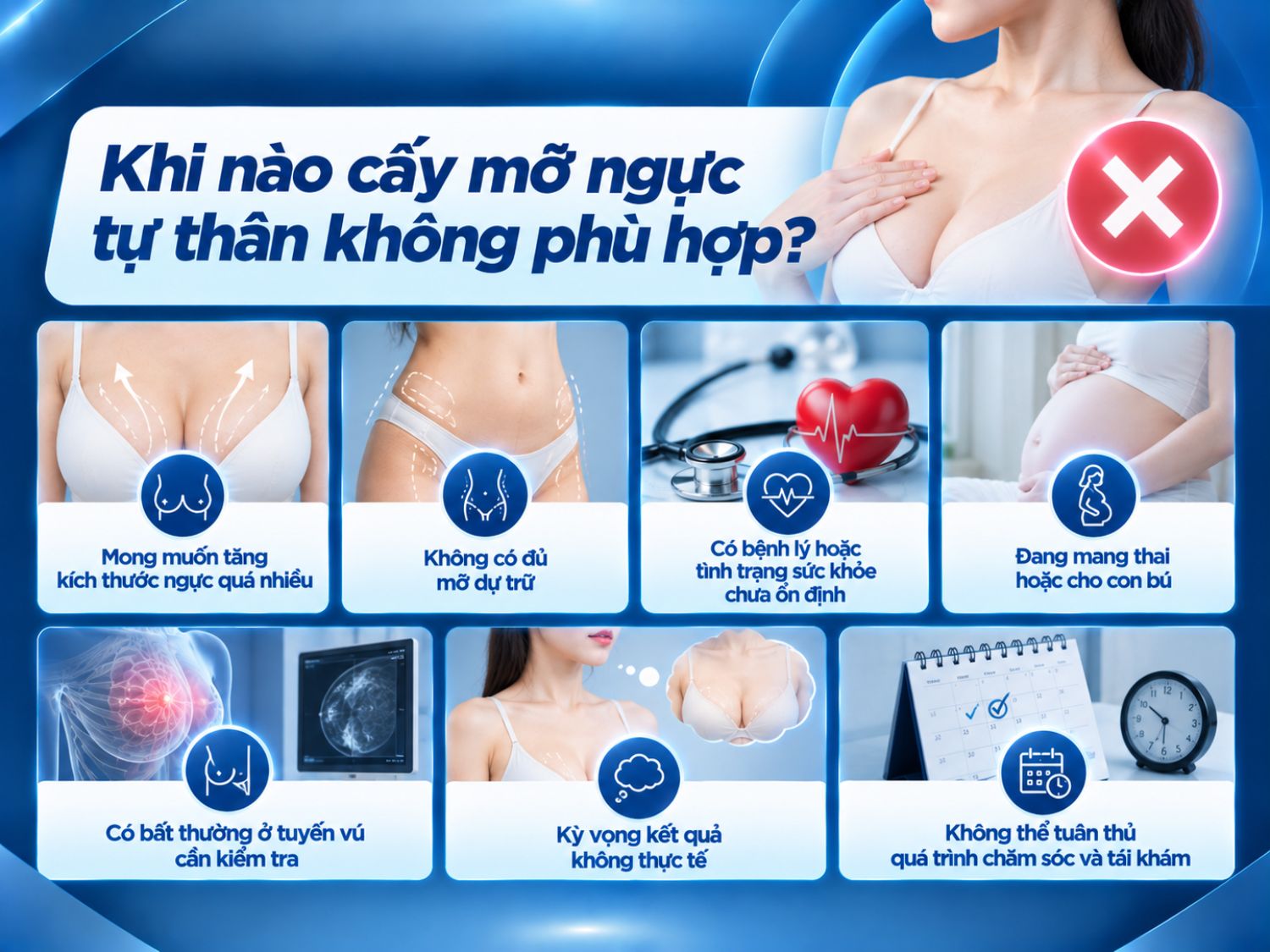 Cấy mỡ ngực tự thân có thể không phù hợp với người thiếu mỡ dự trữ, mong muốn tăng kích thước quá nhiều, có vấn đề sức khỏe hoặc bất thường tuyến vú cần kiểm tra. Bác sĩ cần thăm khám để đánh giá khả năng thực hiện và tư vấn phương pháp phù hợp.
