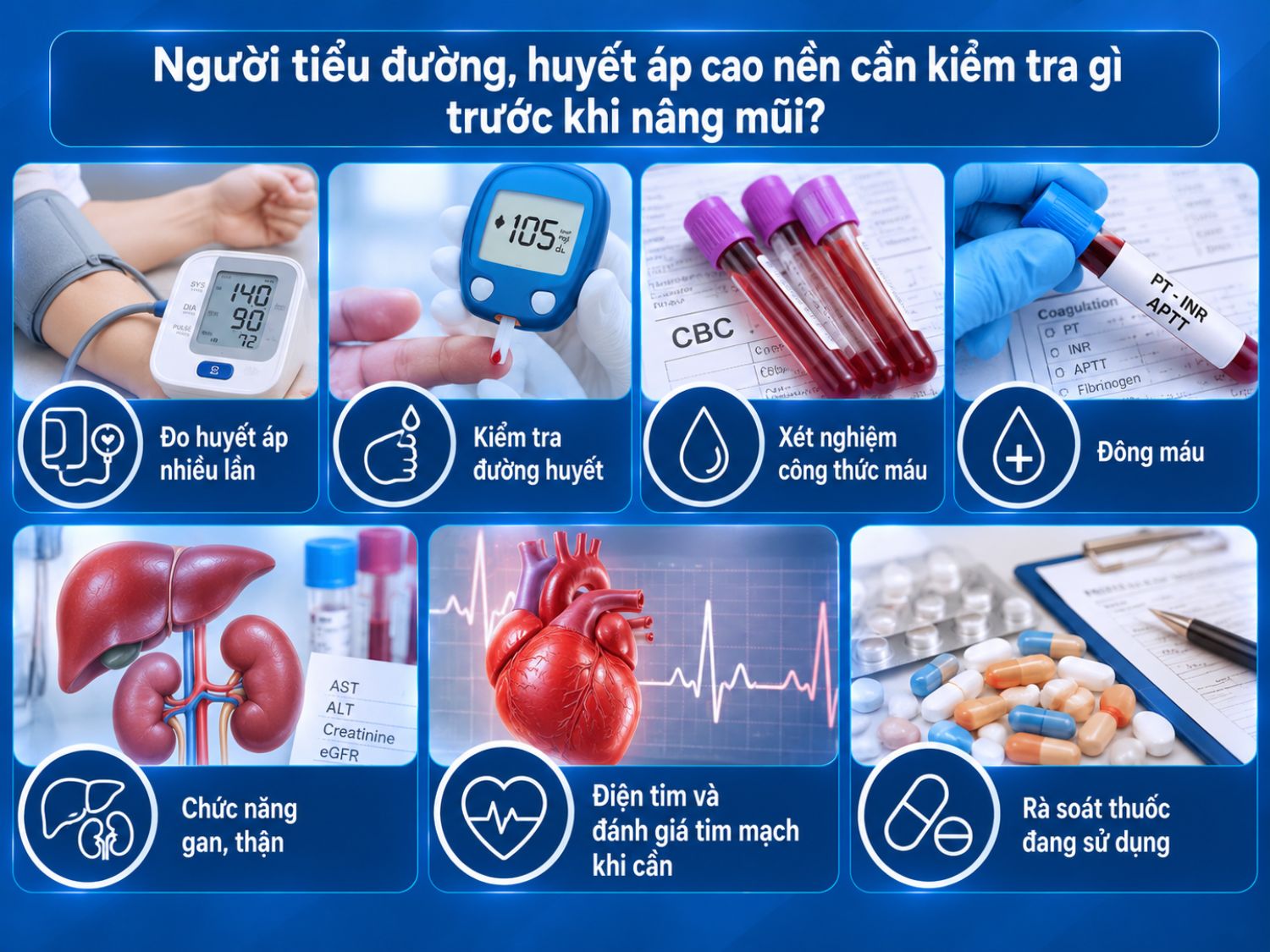 Người có tiểu đường hoặc huyết áp cao cần được đánh giá huyết áp, đường huyết, công thức máu, đông máu, chức năng gan thận, tim mạch và rà soát thuốc đang sử dụng trước nâng mũi.