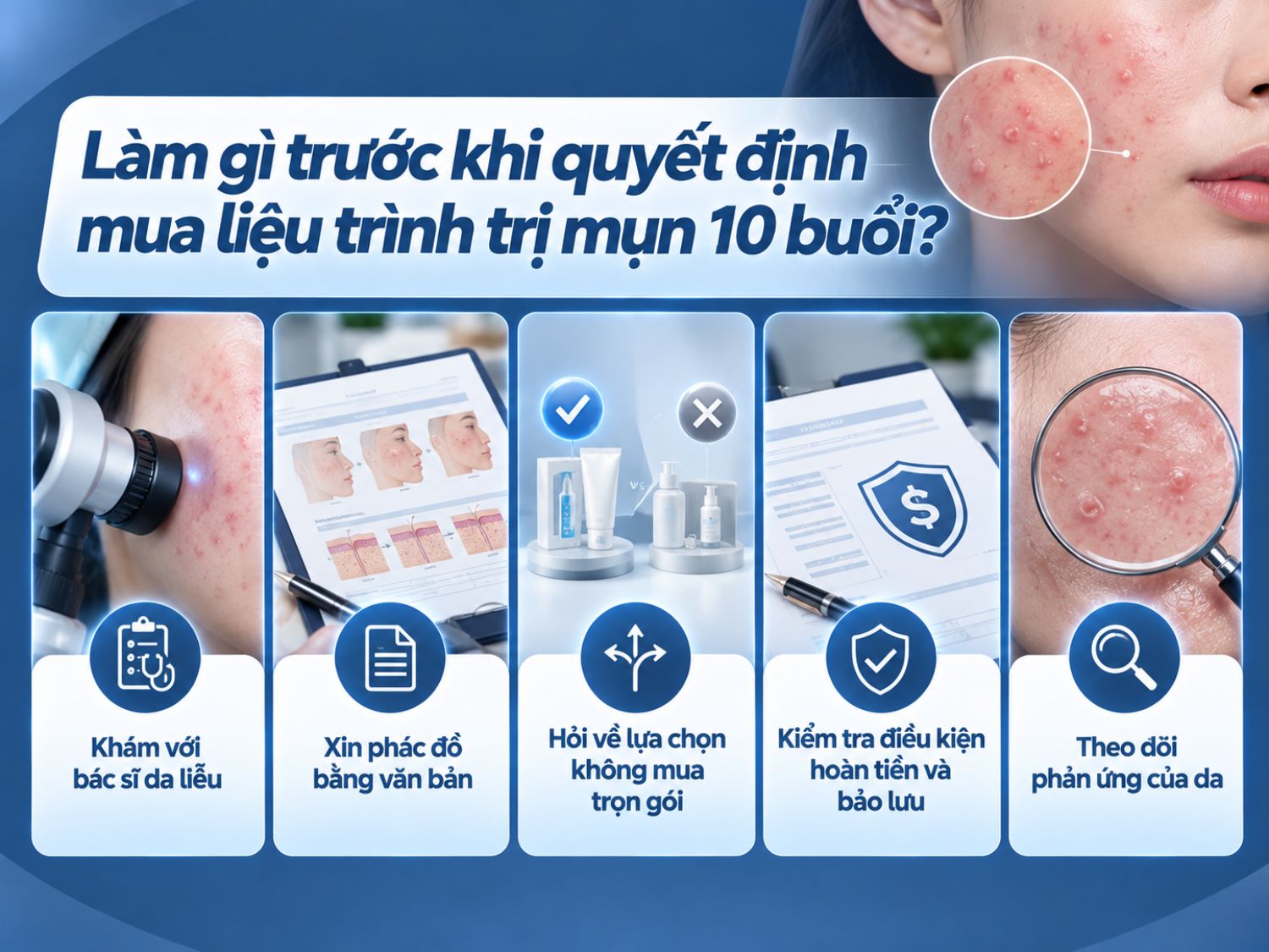 Trước khi đăng ký liệu trình trị mụn 10 buổi, khách hàng nên được bác sĩ da liễu thăm khám, tư vấn phác đồ và giải thích rõ chi phí, chính sách hoàn tiền hoặc bảo lưu. Việc theo dõi phản ứng của da trong quá trình điều trị giúp bác sĩ đánh giá hiệu quả và điều chỉnh phác đồ khi cần thiết.