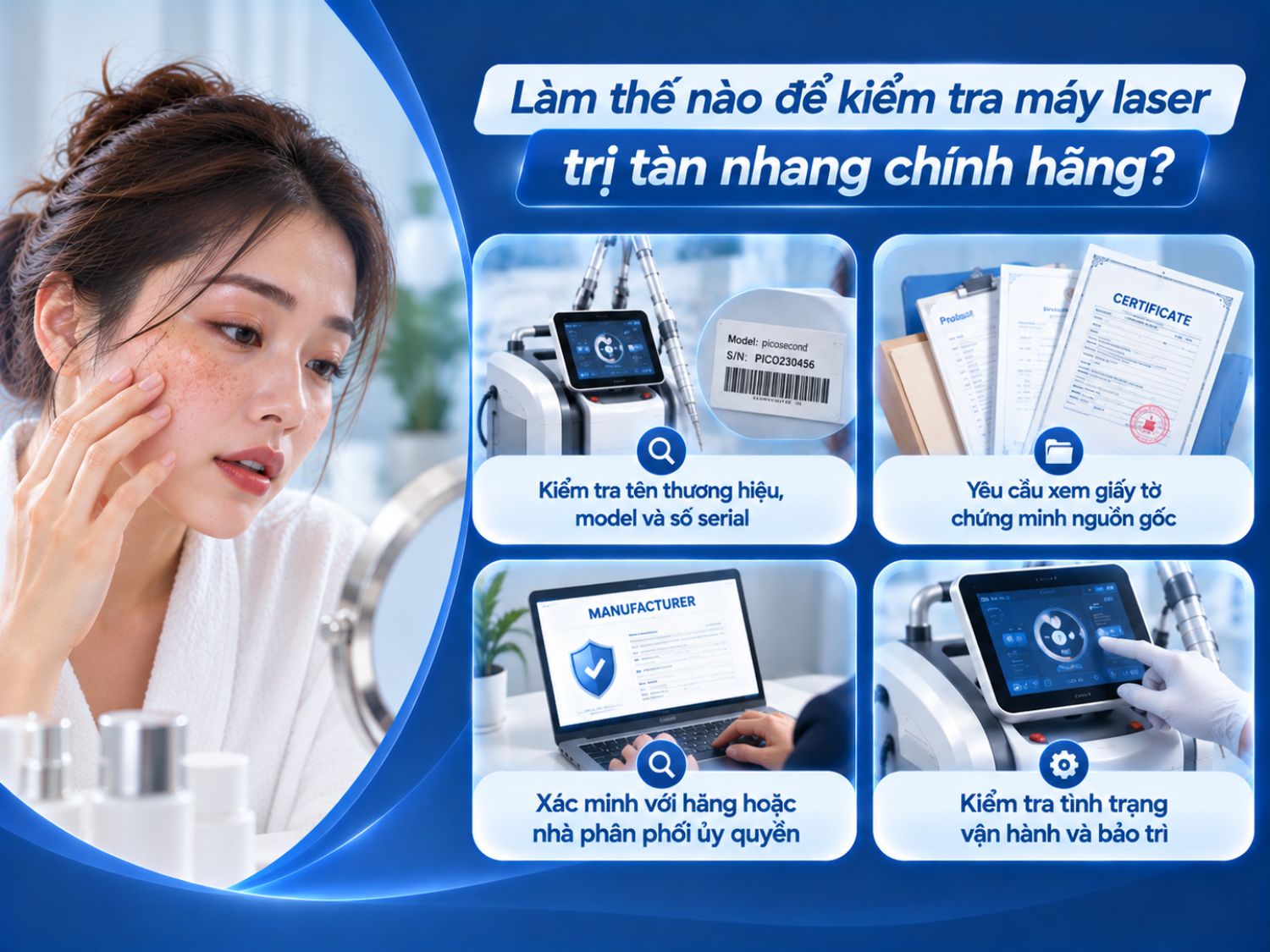 Để xác minh máy laser trị tàn nhang chính hãng, khách hàng nên kiểm tra thông tin thiết bị, giấy tờ nguồn gốc, xác nhận từ nhà phân phối ủy quyền và tình trạng vận hành, bảo trì.